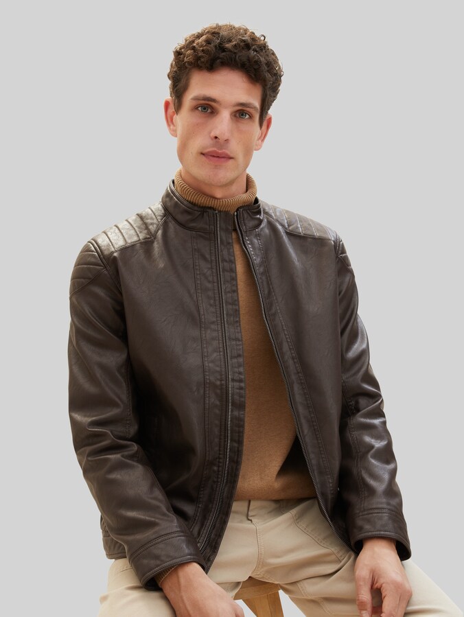 Faux leather biker jacket by Men, espresso brown fake leather