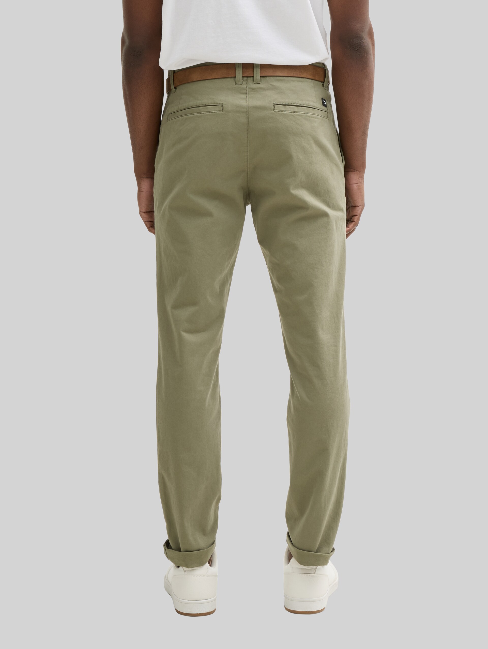 Slim-fit chinos with belt - tree moss green - Neckline model-back view