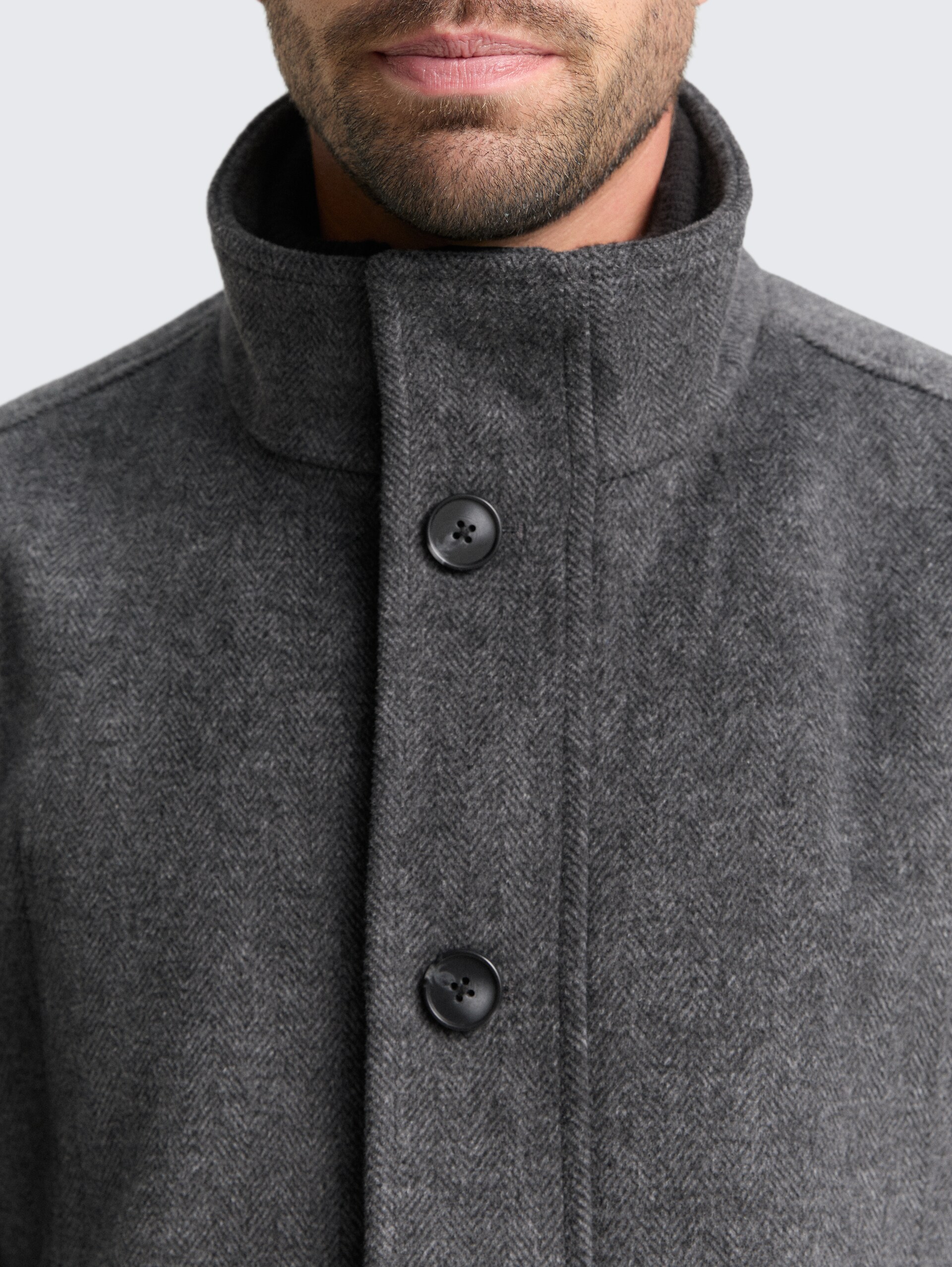 2 in 1 Wollmantel - dark grey black herringbone - Detail-Model-Ansicht