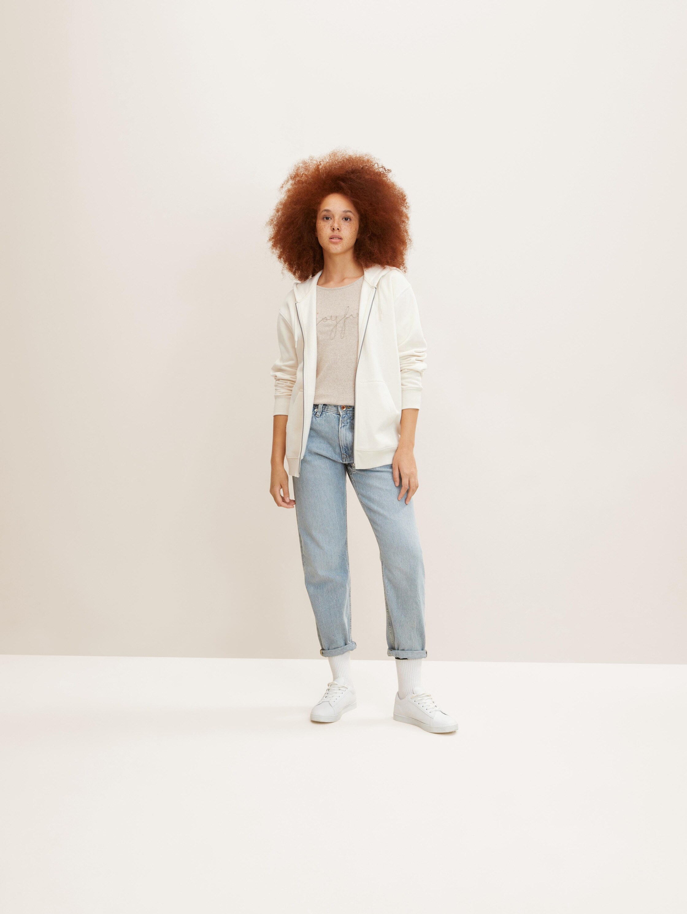 7/8-sleeved shirt with embroidery - messy beige melange - Model front view