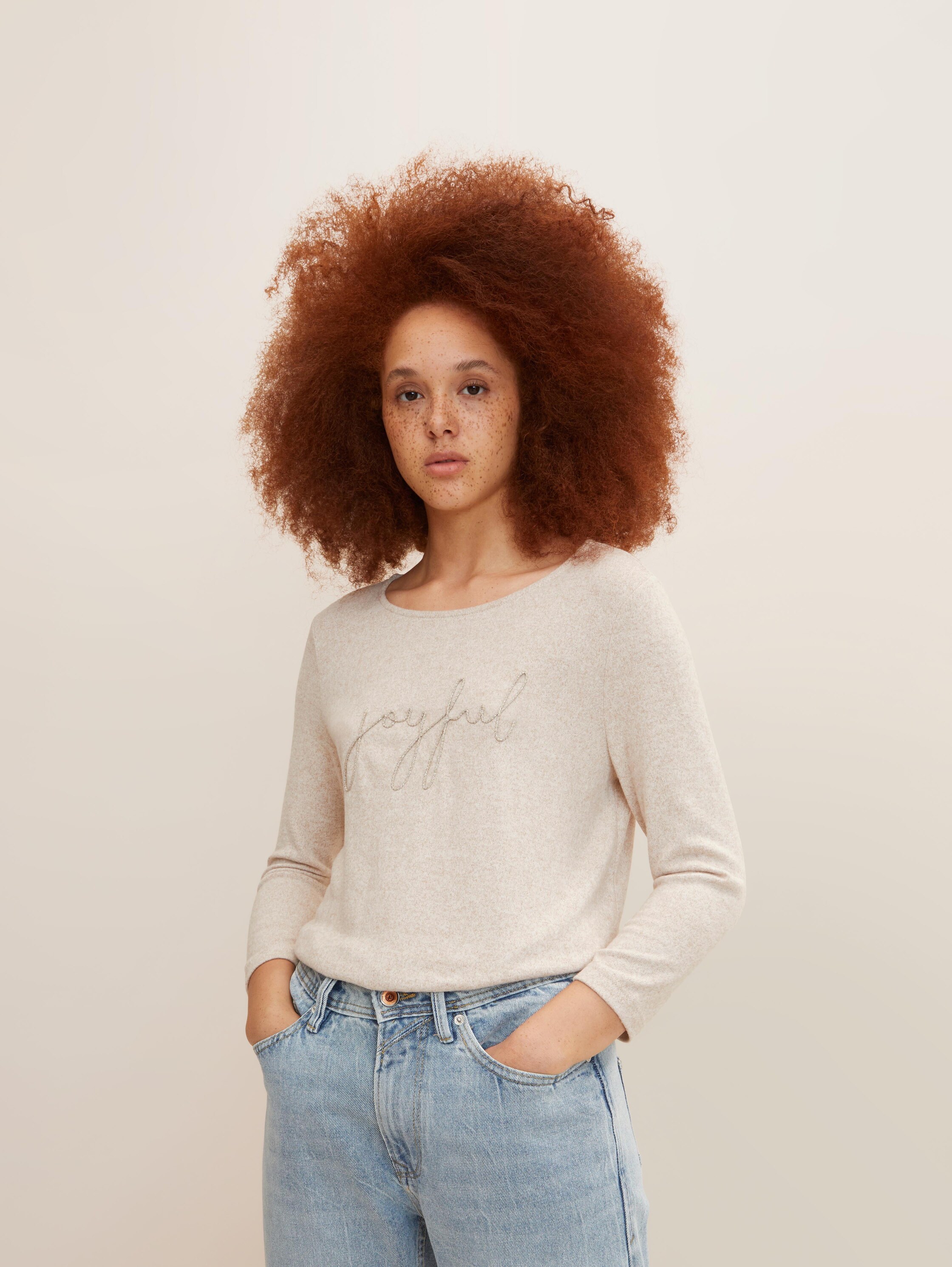 7/8-sleeved shirt with embroidery - messy beige melange