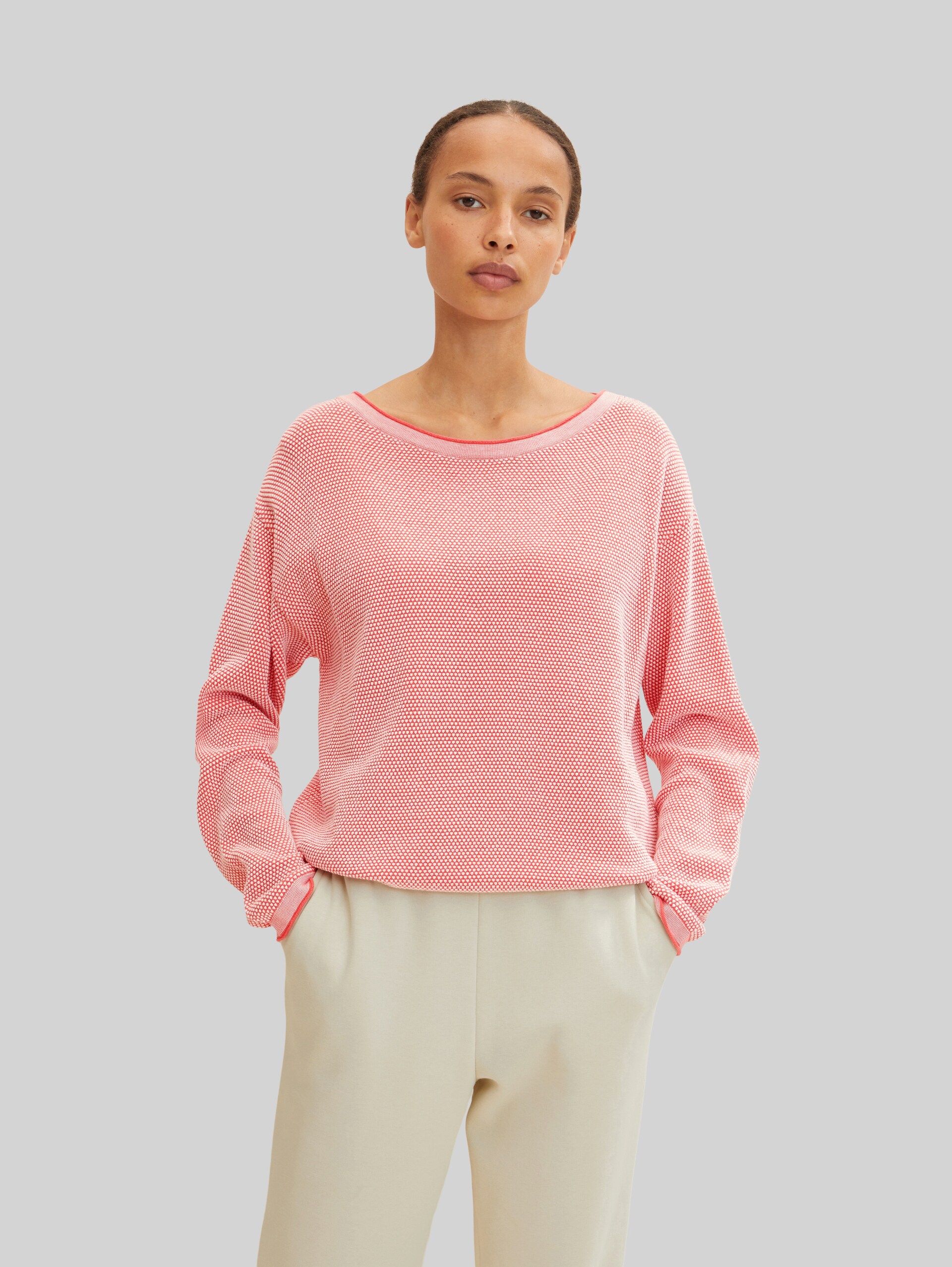 Loose Fit Strickpullover aus Baumwolle - papaya red bubble structure