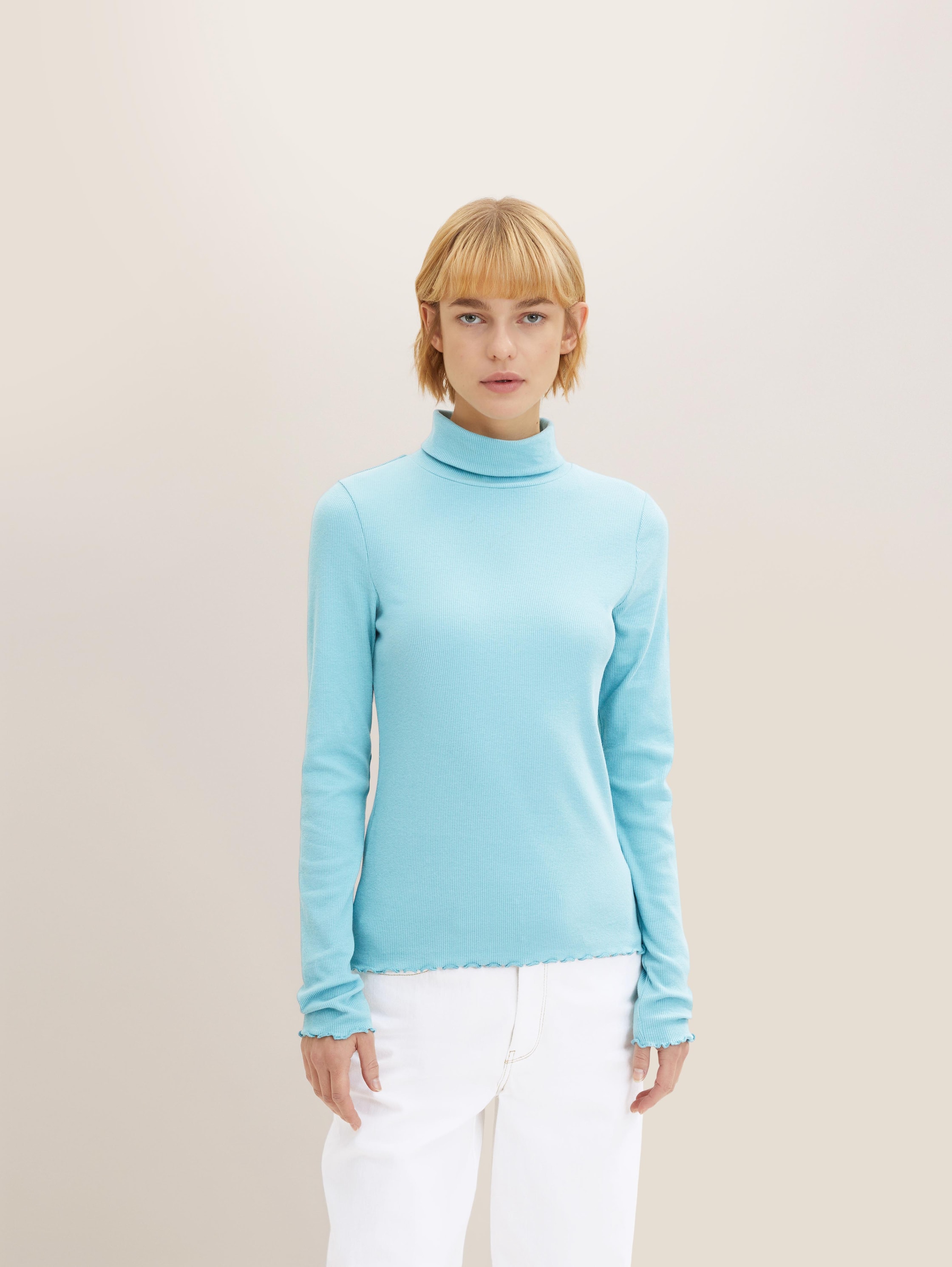 Gebreide coltrui - bright reef blue - Nek model vooraanzicht