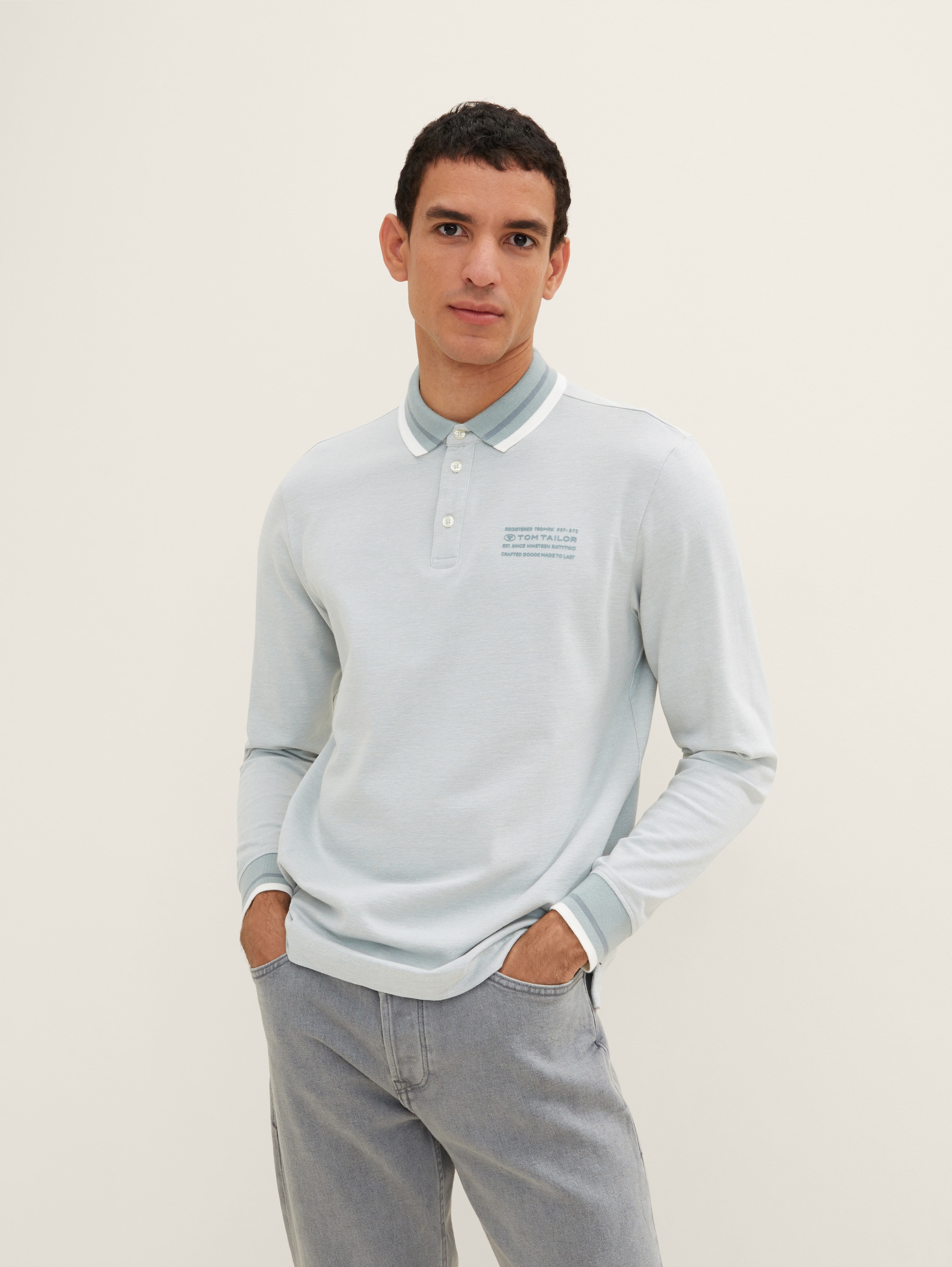 Langarm Poloshirt - ice blue offwhite two tone