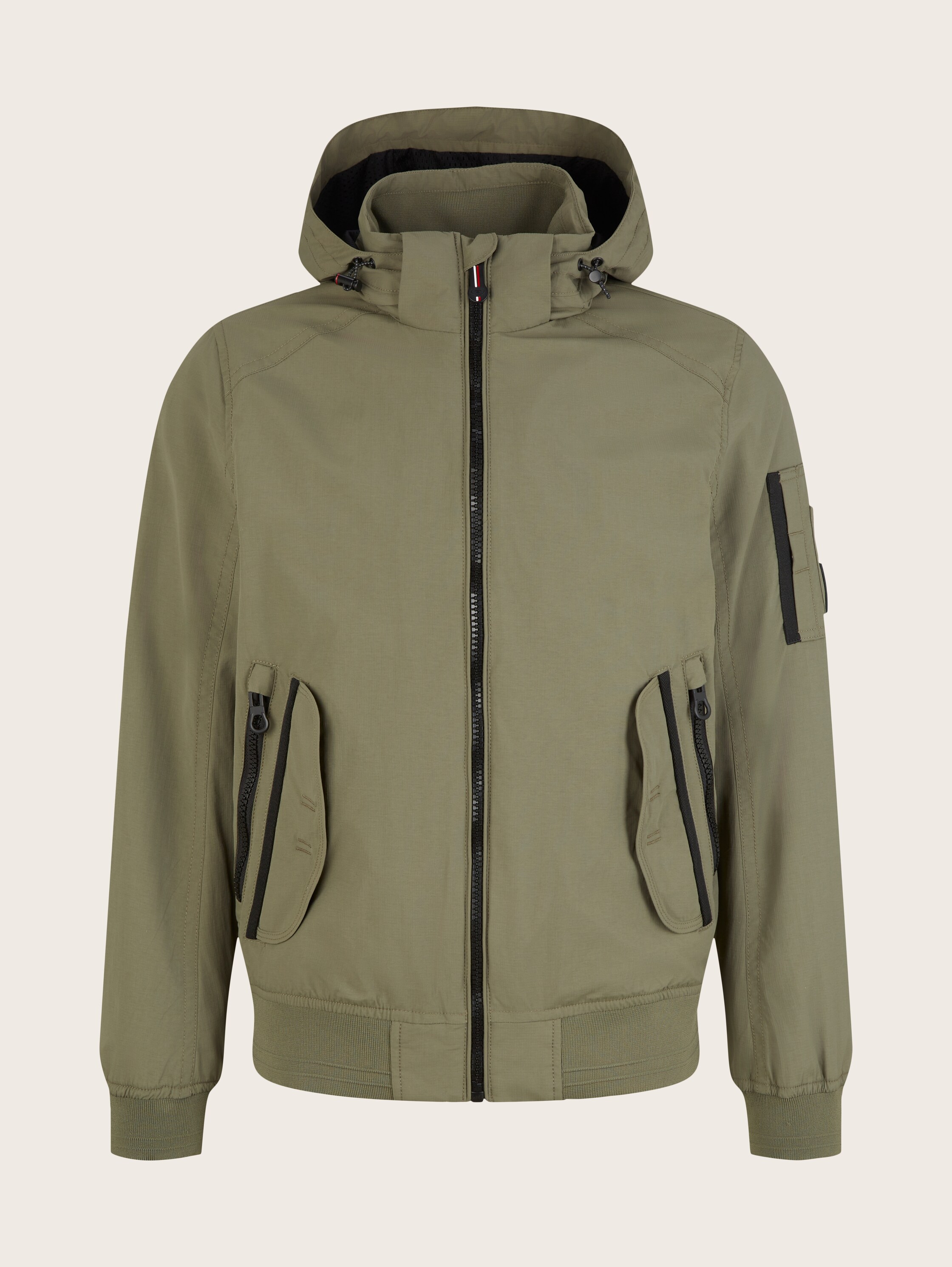 Bomber Jacke mit abnehmbarer Kapuze - Dusty Olive Green - Vorder-Produkt-Ansicht