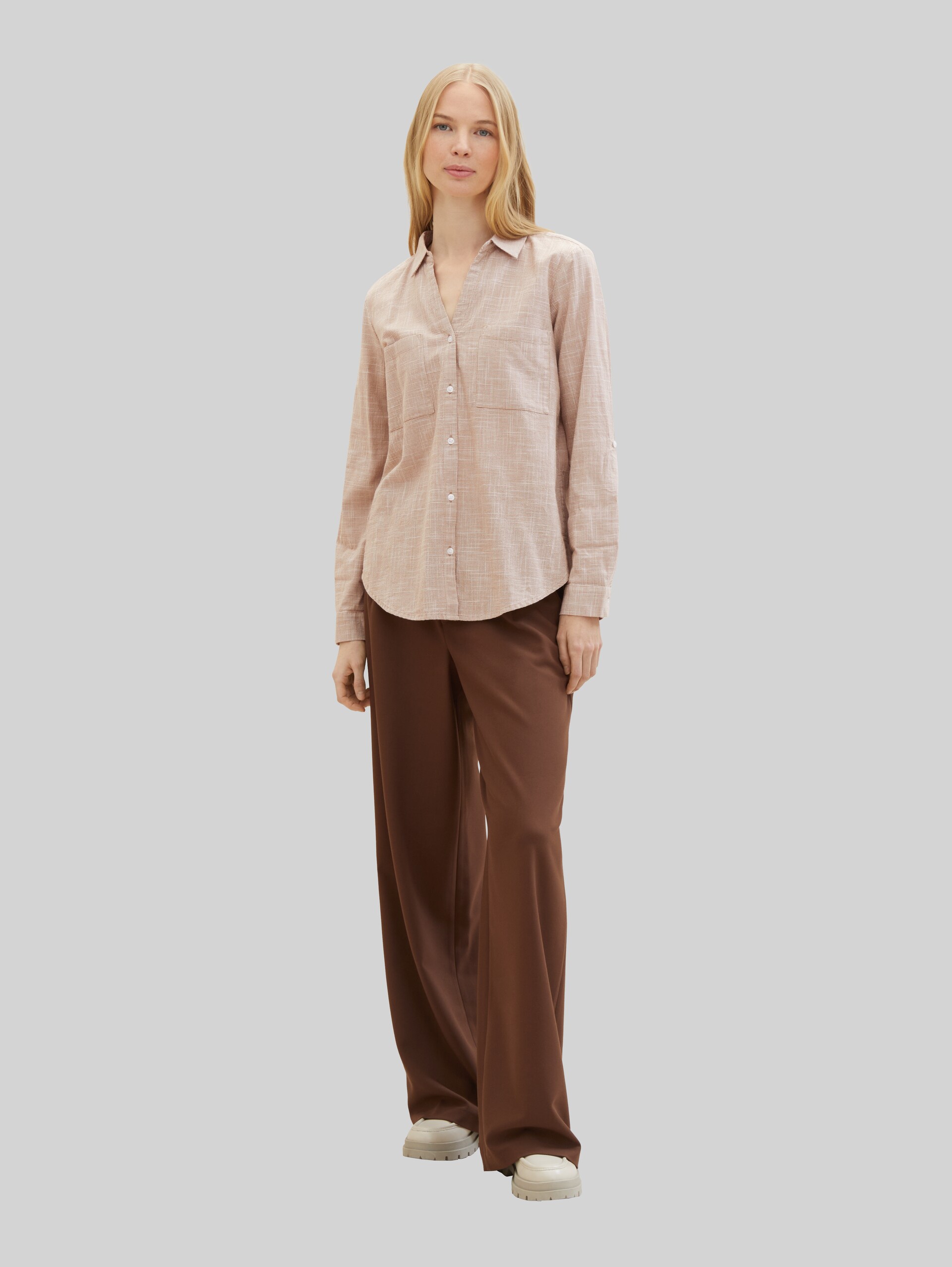Blouse with breast pockets - almond brown - Model front view
