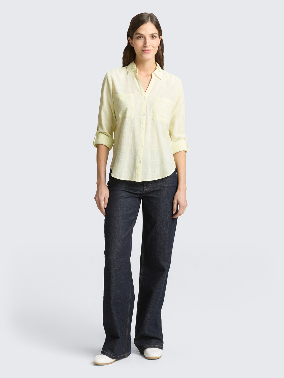 Blouse with chest pockets - soft lemon - Model front view