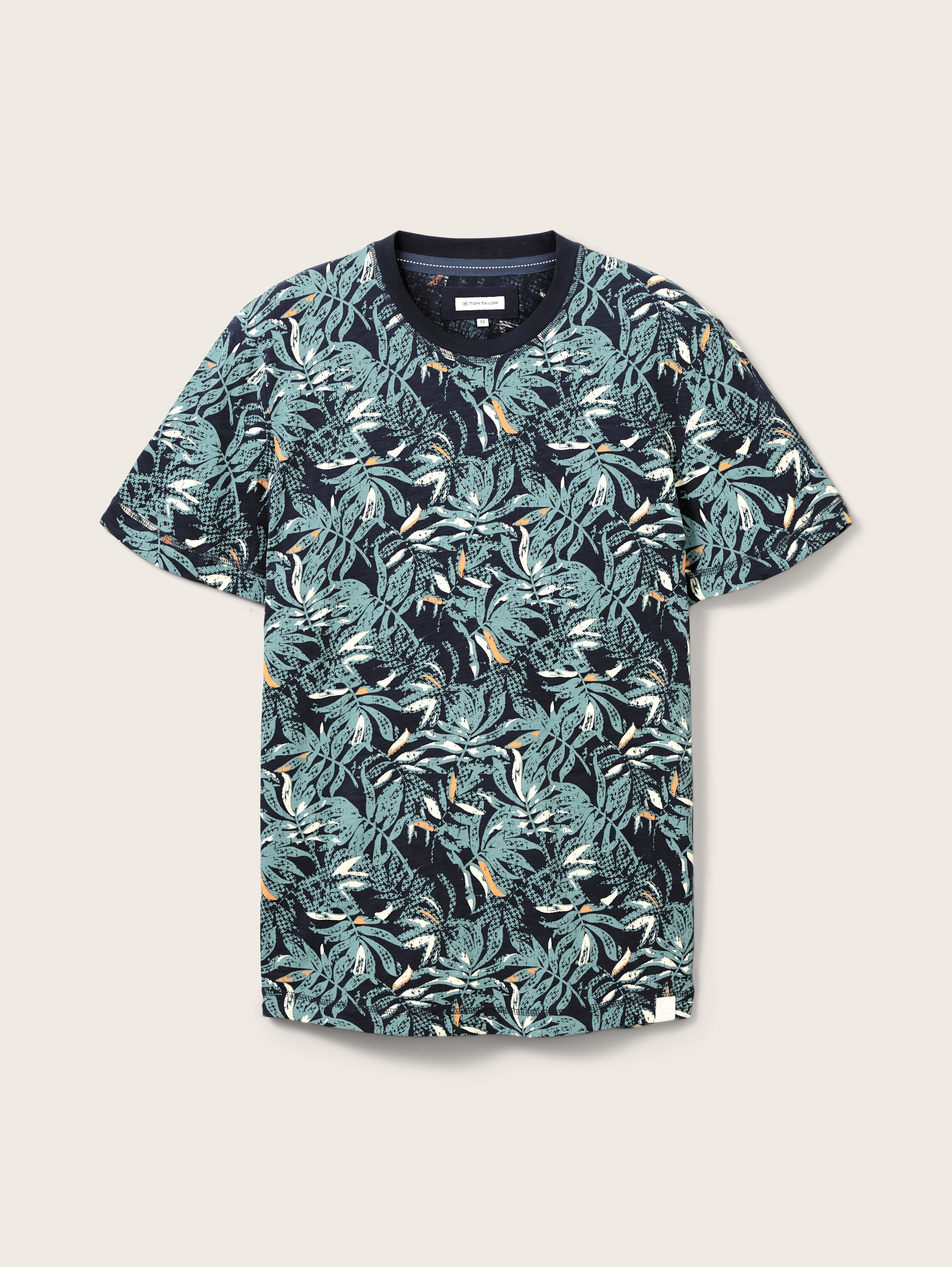 T-shirt met alloverprint - navy green big leaf design - Vooraanzicht product 