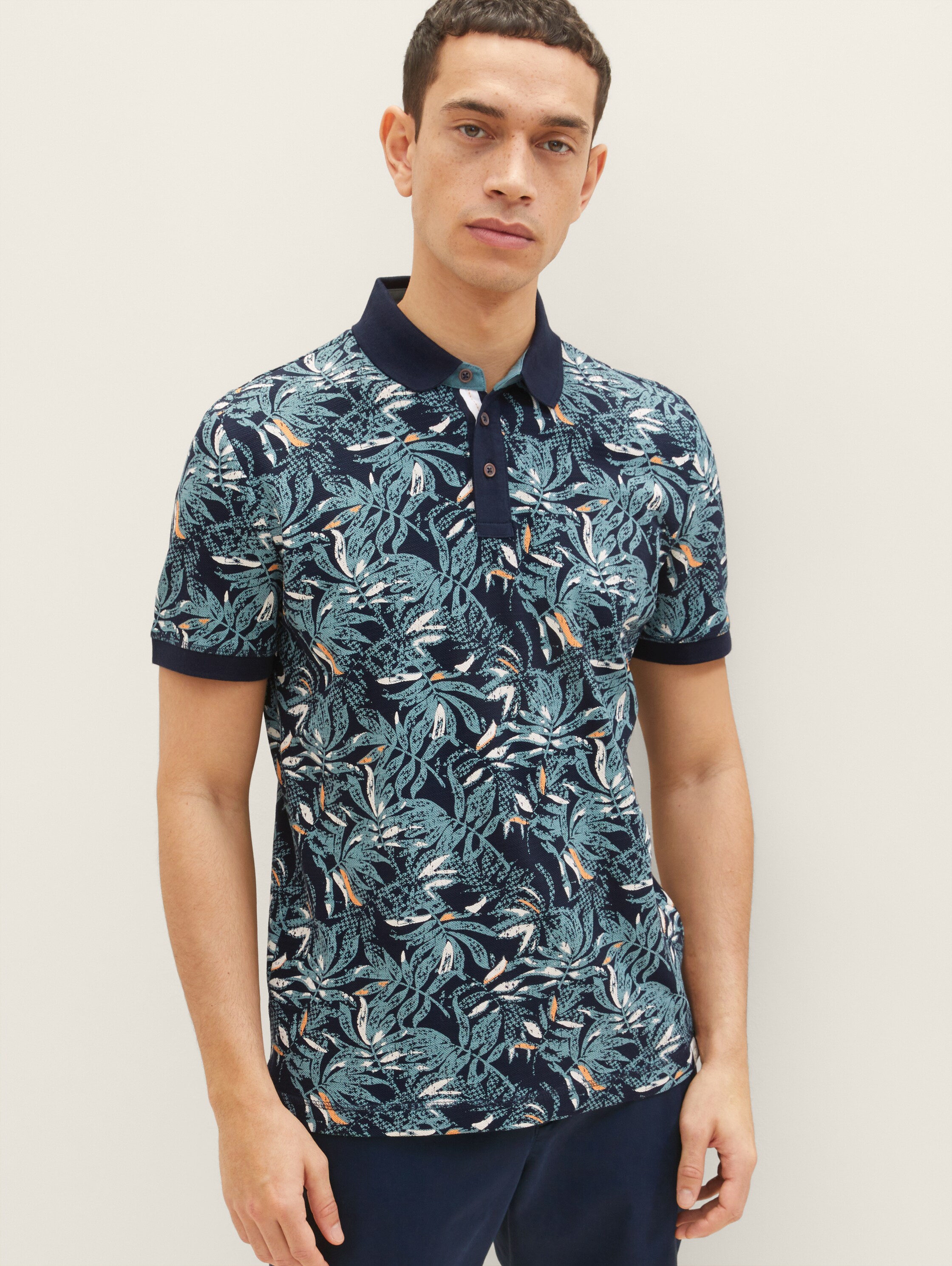 Poloshirt mit Allover-Print - navy green big leaf design