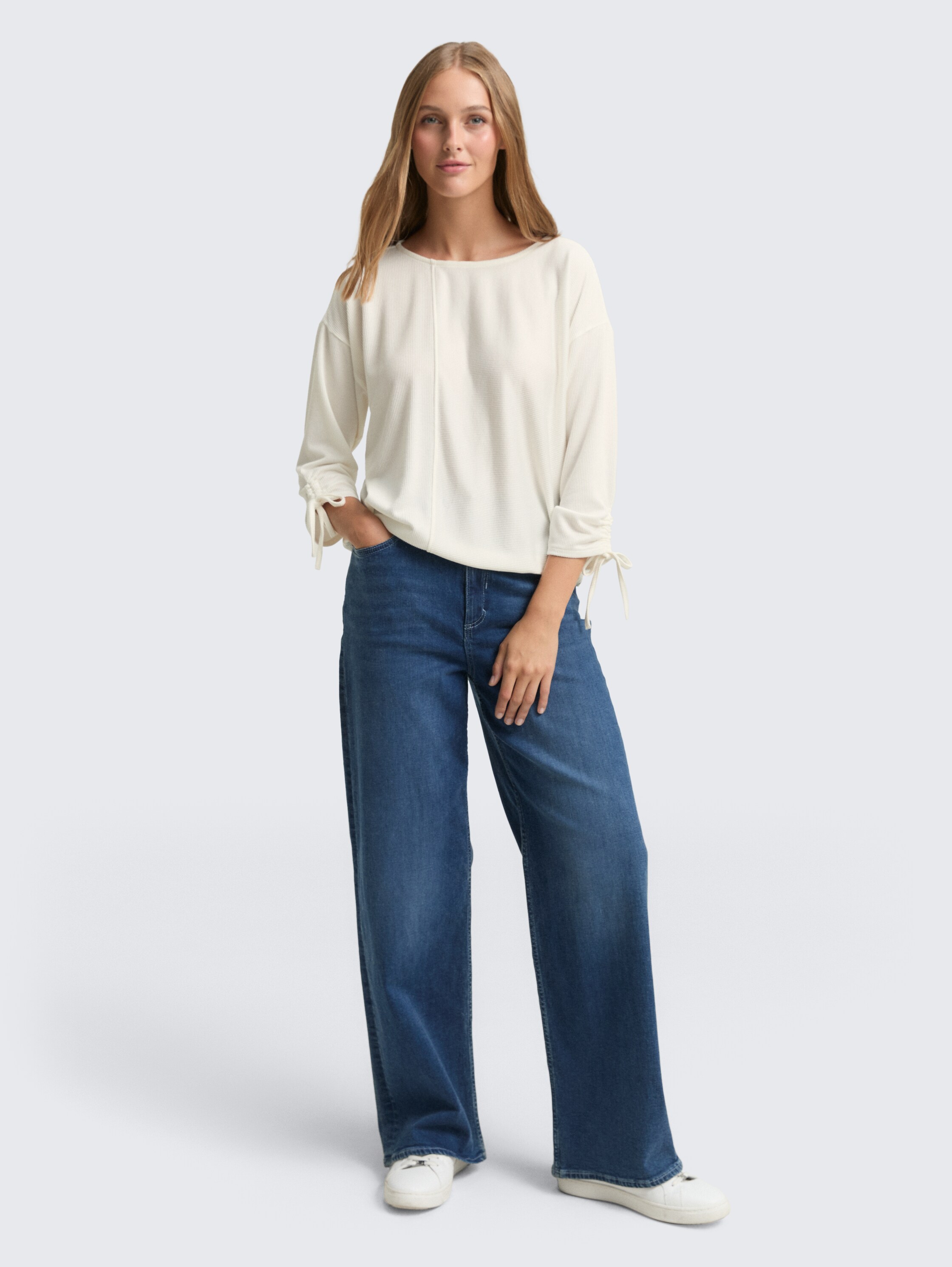 Loose Fit Langarmshirt mit Raffärmeln - off_white_1 - 