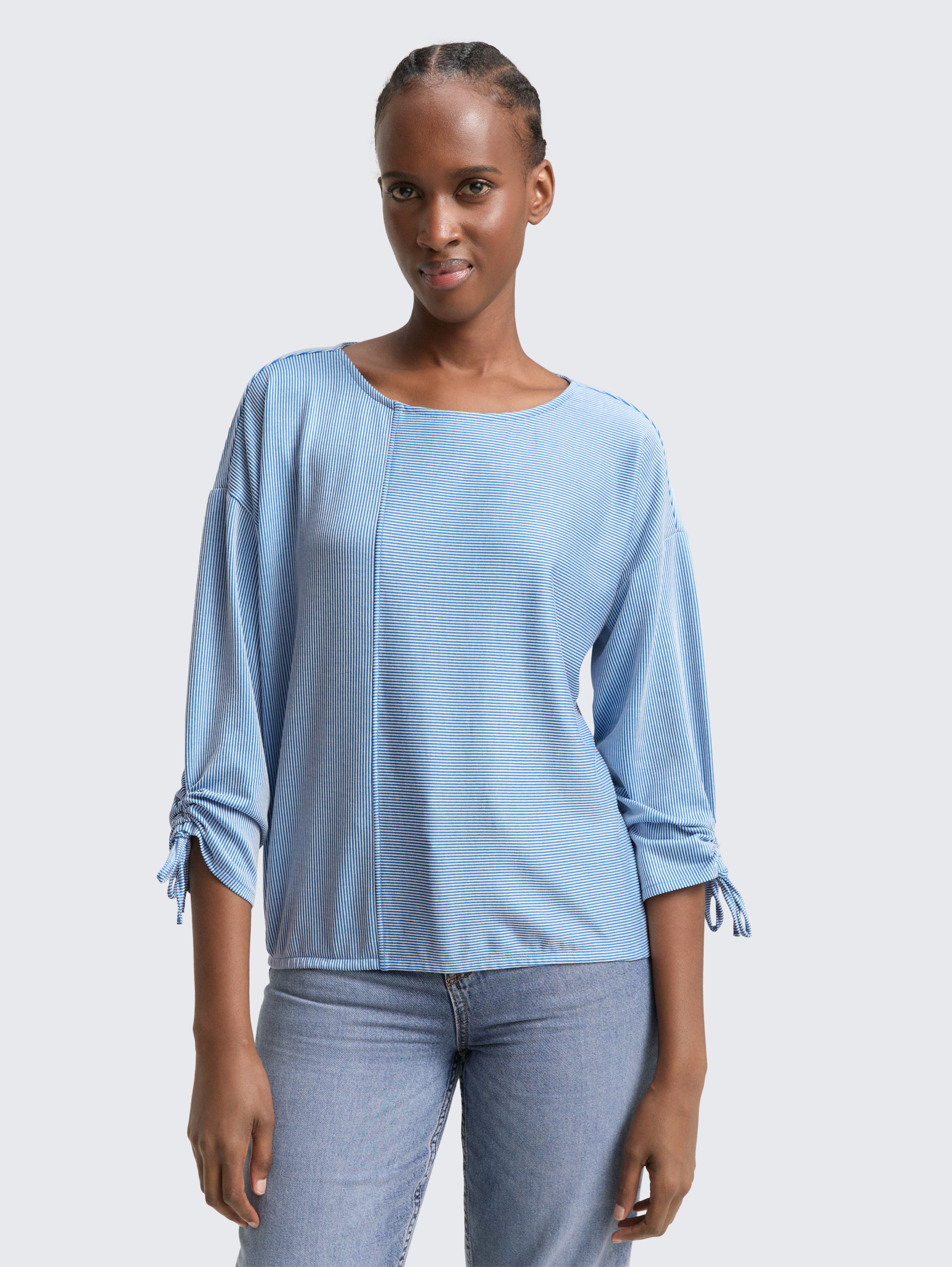 Loose Fit Langarmshirt mit Raffärmeln von Denim Female, small mid blue white stripe