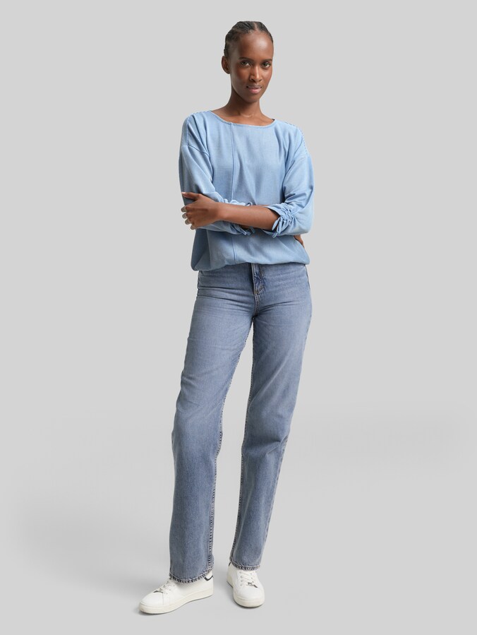 Loose fit shirt met lange mouwen en gerimpelde mouwen door Denim Female, small mid blue white stripe