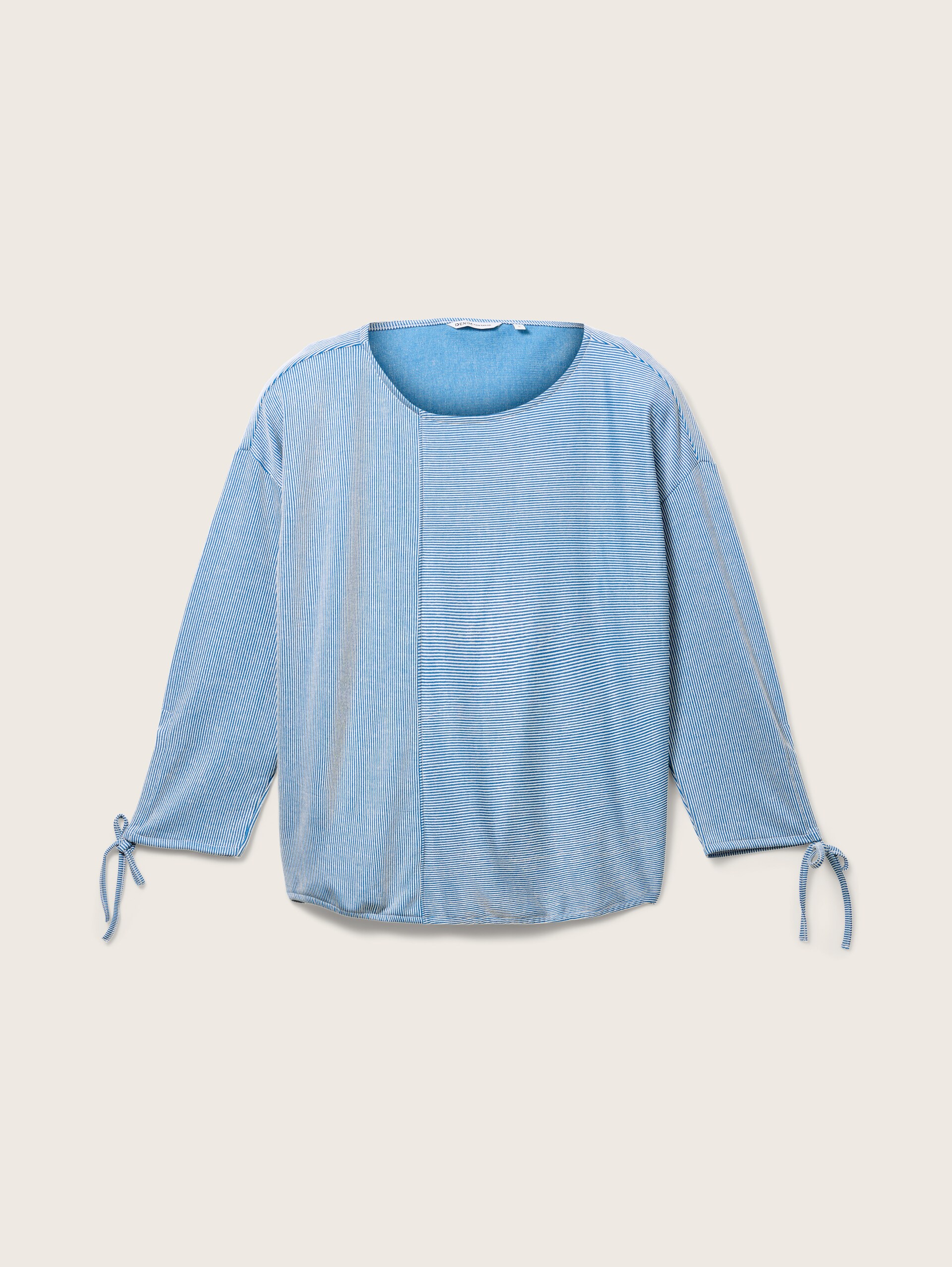 Loose Fit Langarmshirt mit Raffärmeln - small mid blue white stripe - Vorder-Produkt-Ansicht 