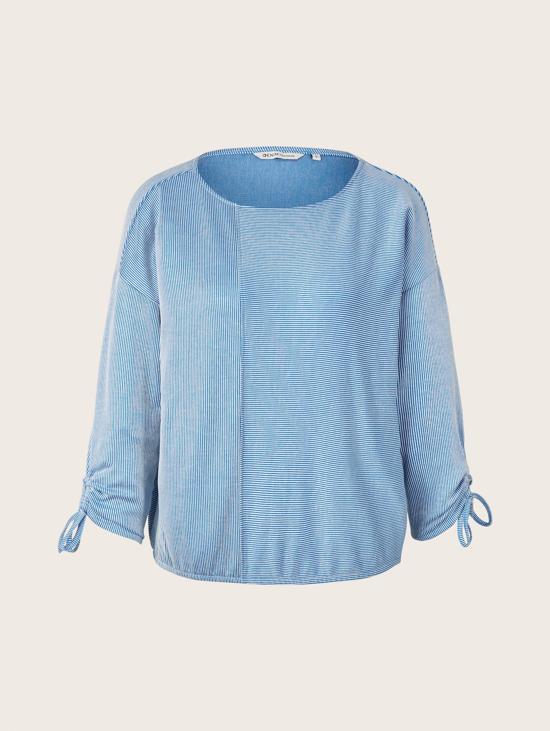 Loose Fit Langarmshirt mit Raffärmeln - small mid blue white stripe - Vorder-Produkt-Ansicht