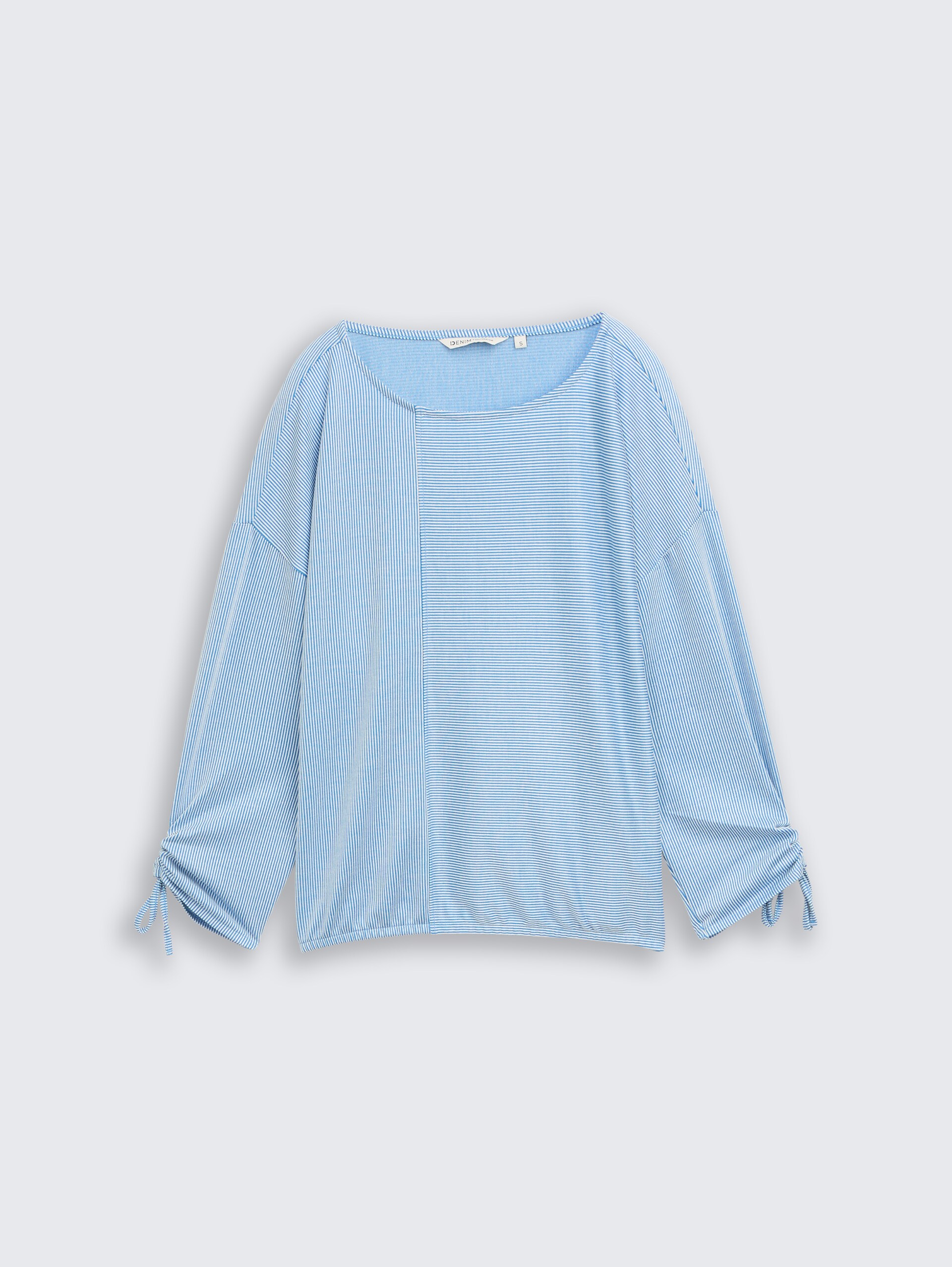Loose Fit Langarmshirt mit Raffärmeln - small mid blue white stripe - Vorder-Produkt-Ansicht