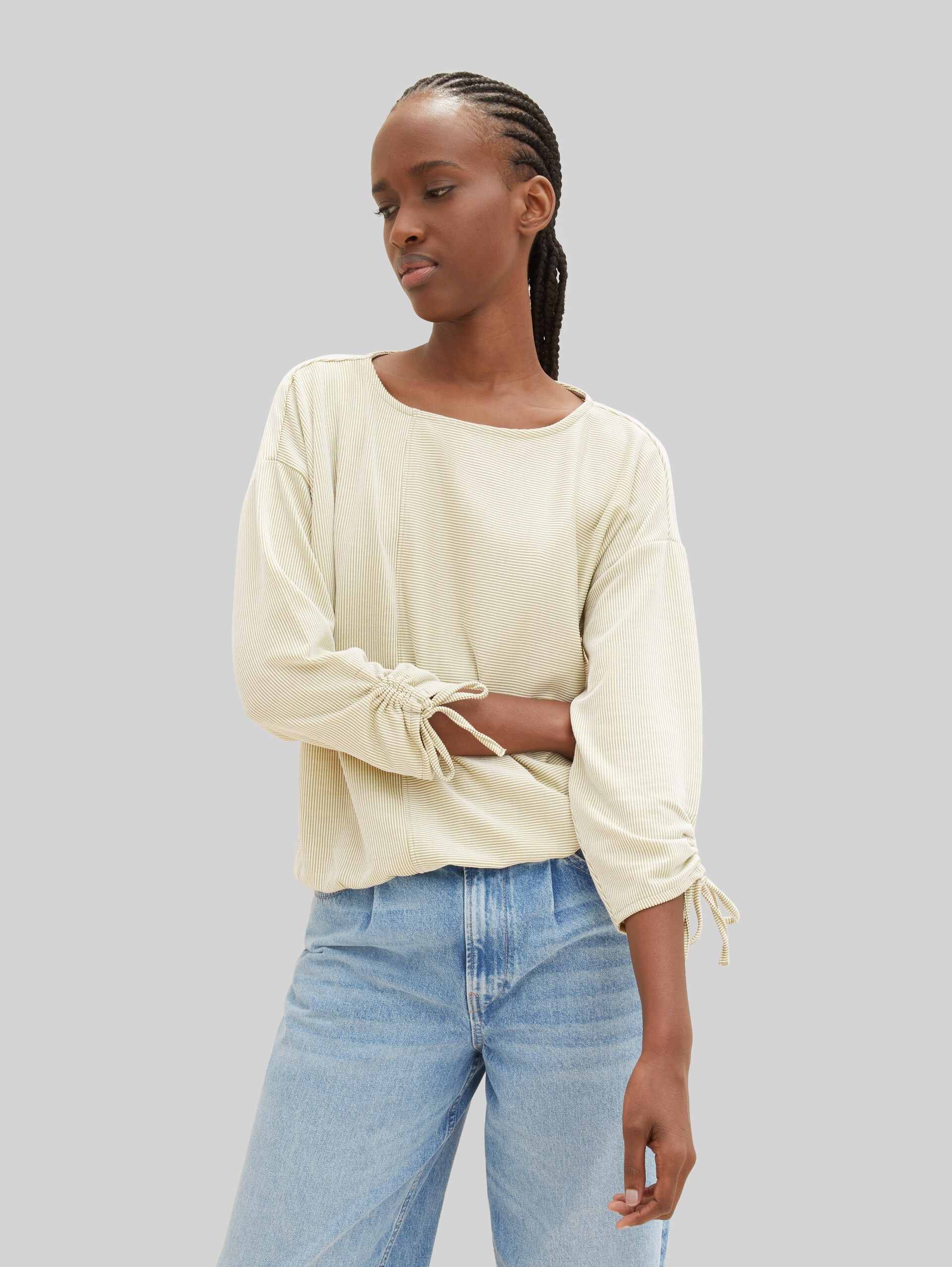 Loose Fit Langarmshirt mit Raffärmeln - small green white stripe