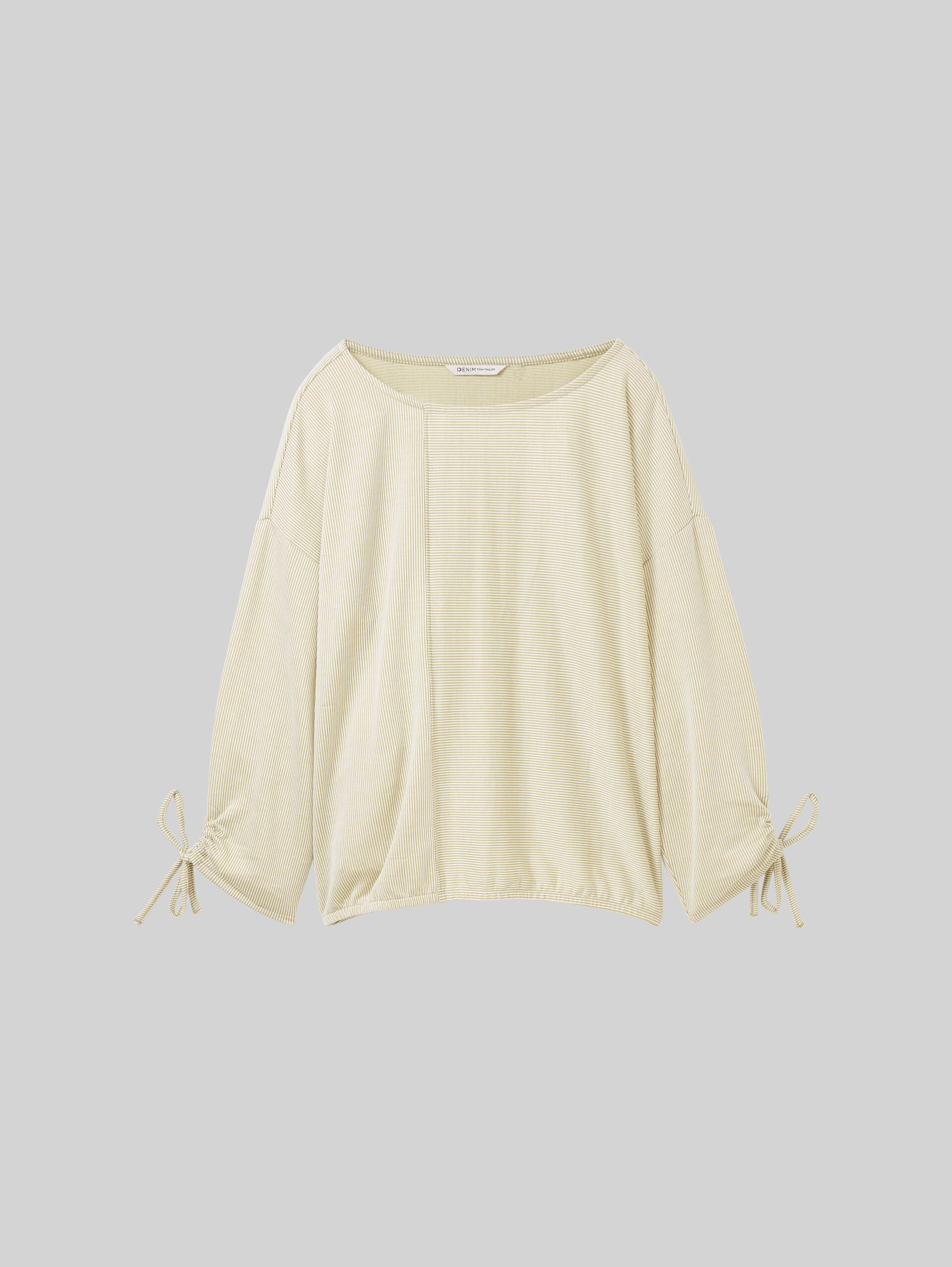 Loose Fit Langarmshirt mit Raffärmeln - small green white stripe - Vorder-Produkt-Ansicht