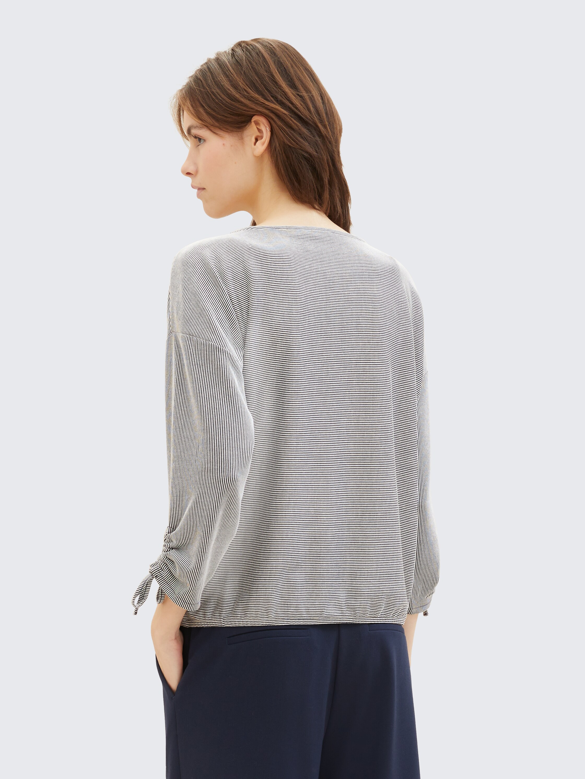 Loose fit shirt met lange mouwen en gerimpelde mouwen - small_navy_white_stripe - 