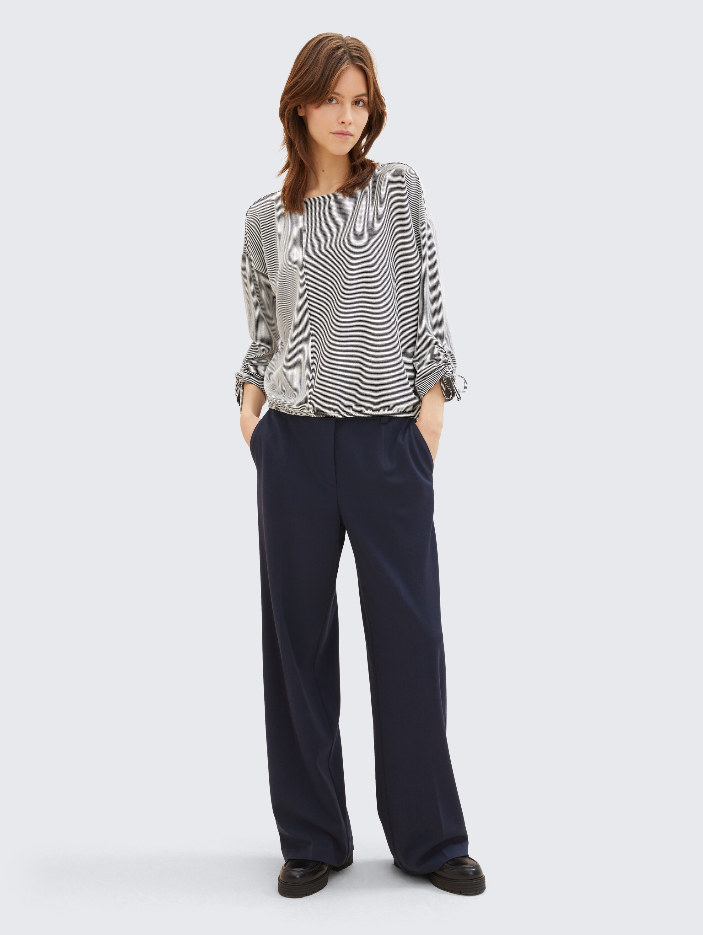 Loose fit shirt met lange mouwen en gerimpelde mouwen - small_navy_white_stripe - 
