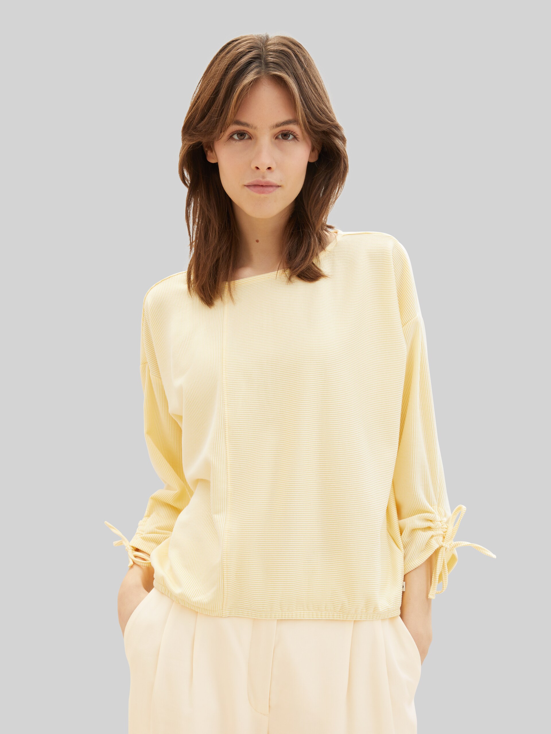 T-shirt à manches longues coupe ample avec manches froncées - small yellow white stripe