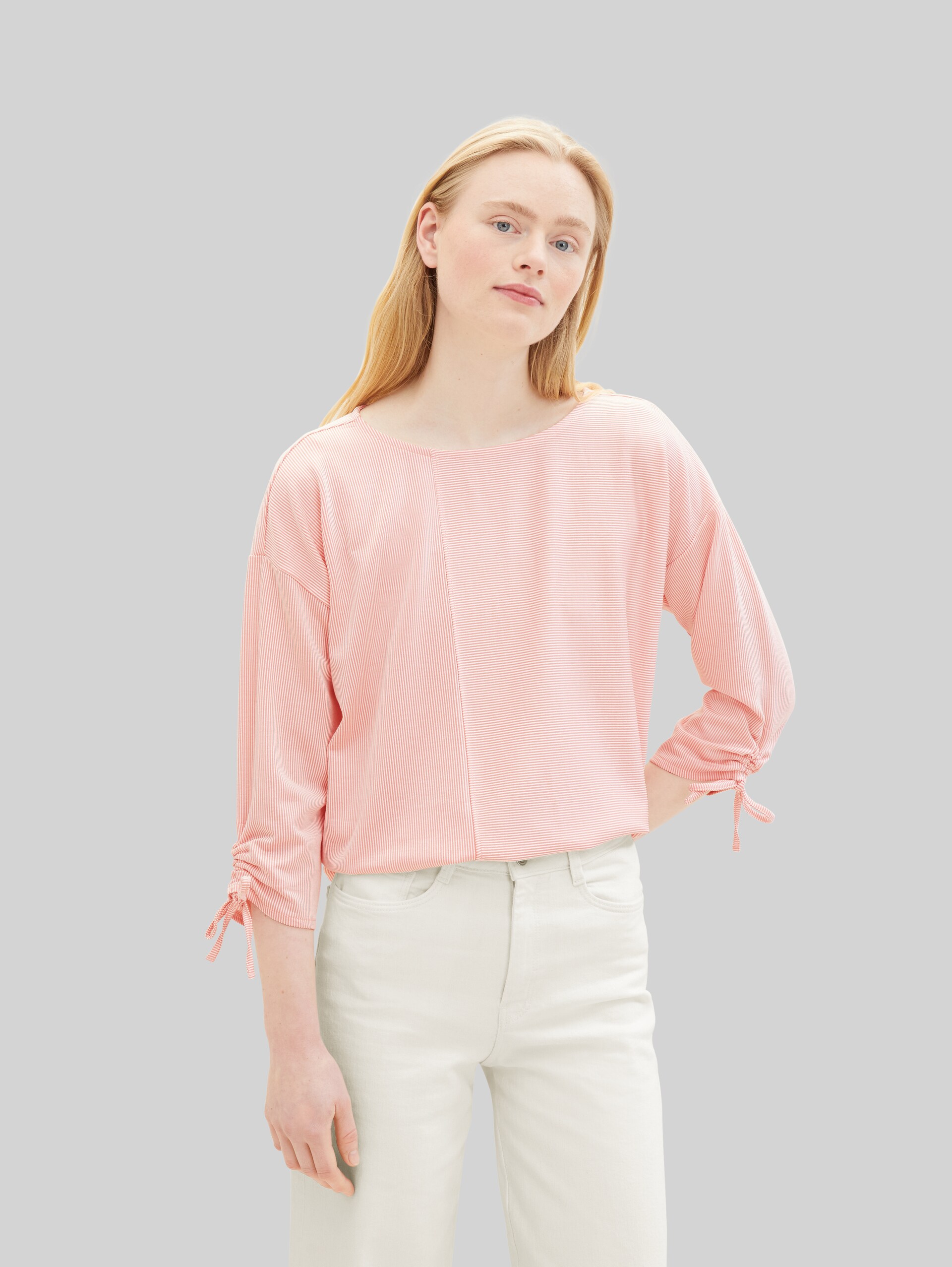 T-shirt à manches longues coupe ample avec manches froncées - small rose white stripe