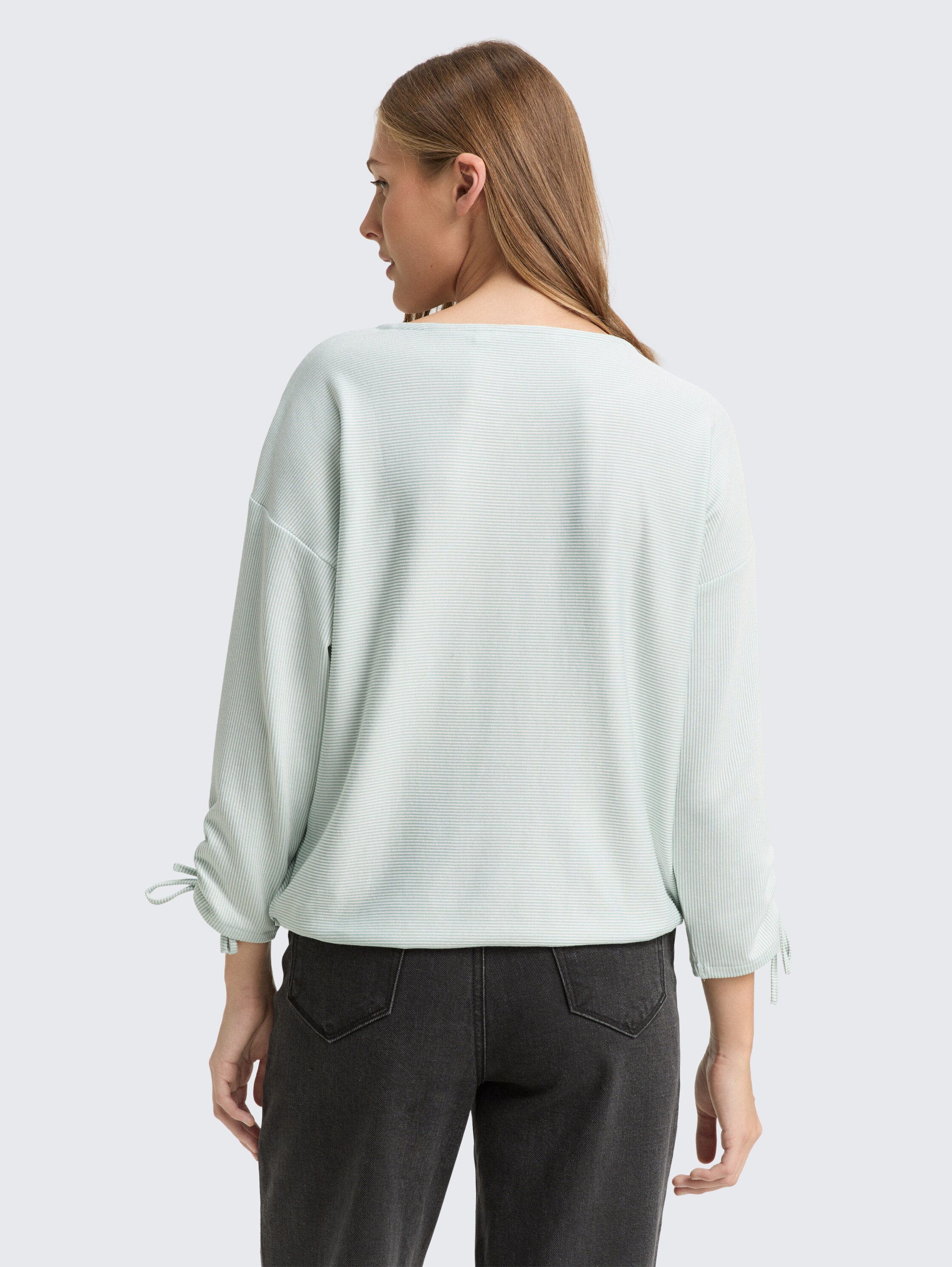 Loose Fit Langarmshirt mit Raffärmeln - small_mint_white_stripe - 