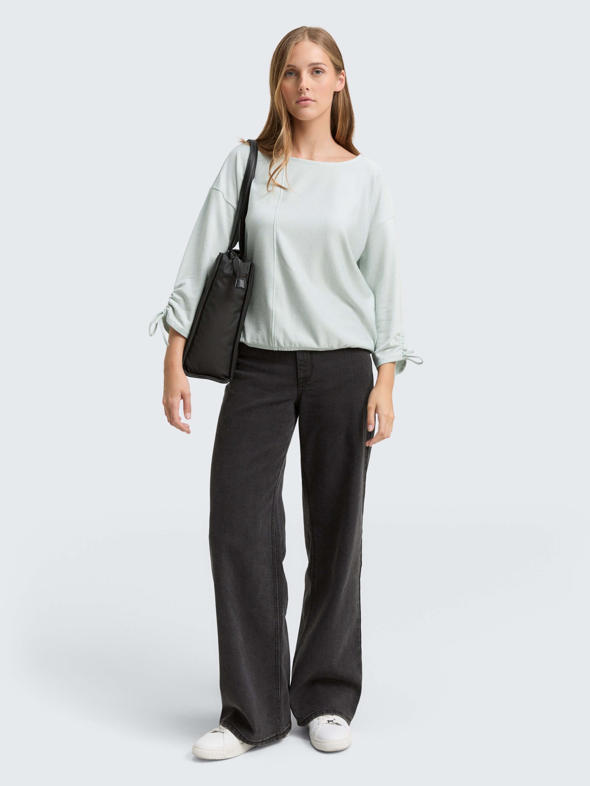 Loose Fit Langarmshirt mit Raffärmeln - small_mint_white_stripe - 