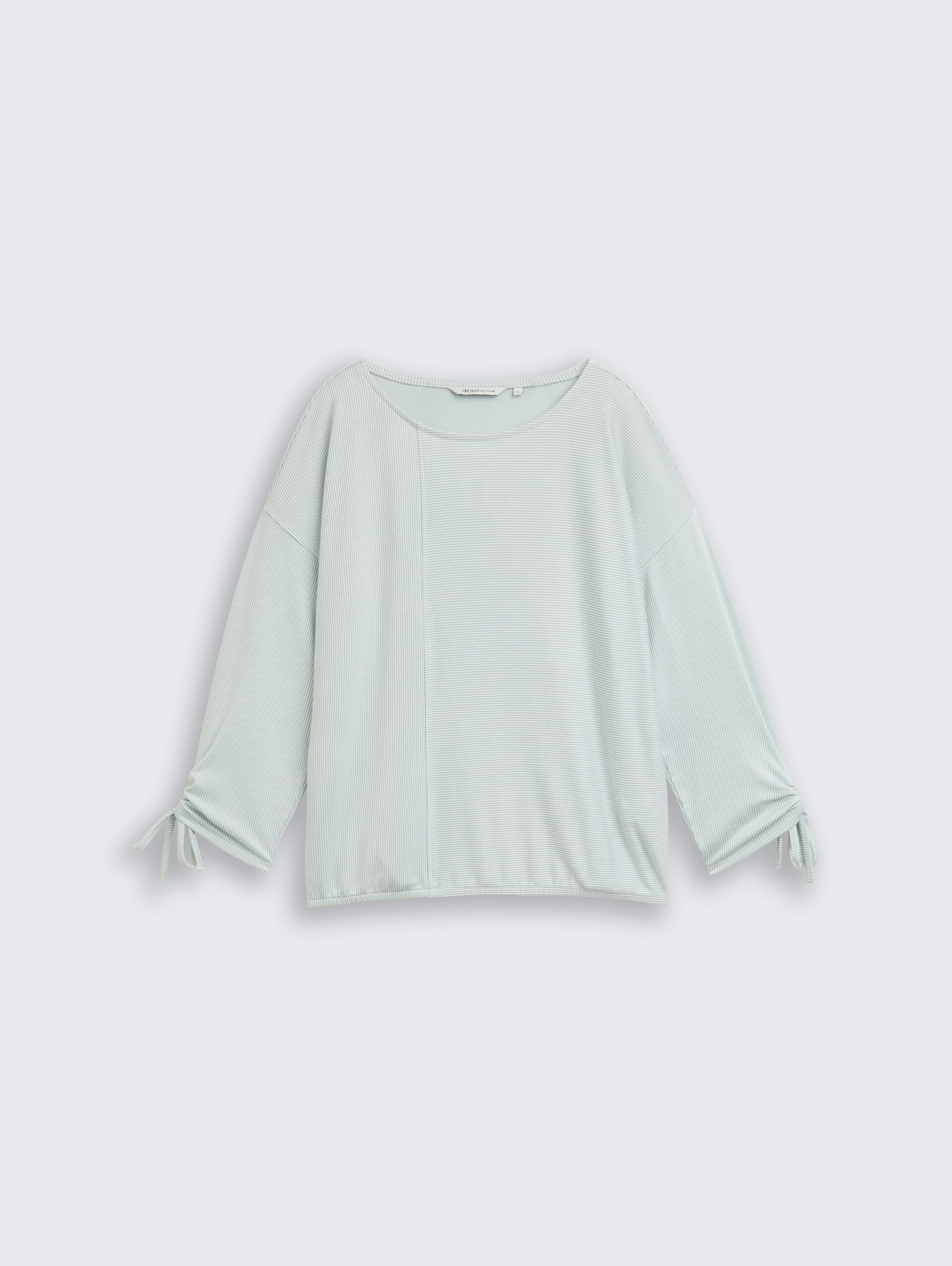 Loose Fit Langarmshirt mit Raffärmeln - small mint white stripe - Vorder-Produkt-Ansicht
