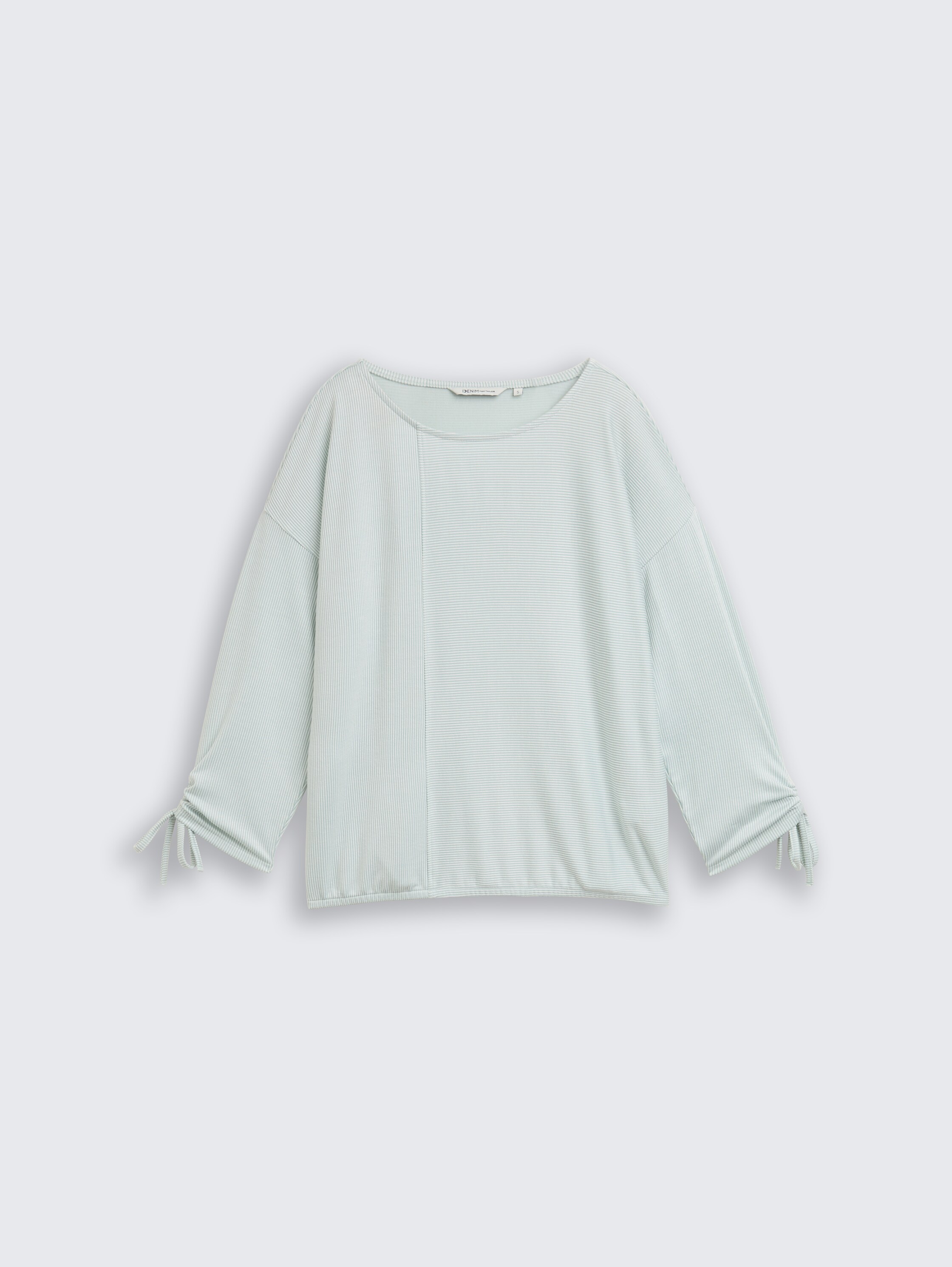 Loose Fit Langarmshirt mit Raffärmeln - small_mint_white_stripe - 