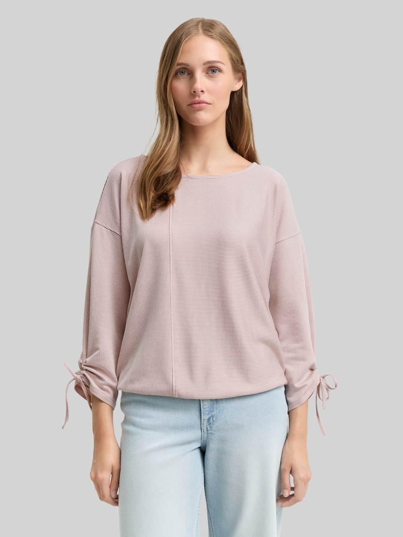 Loose Fit Langarmshirt mit Raffärmeln von Denim Female, small dusty rose white stripe