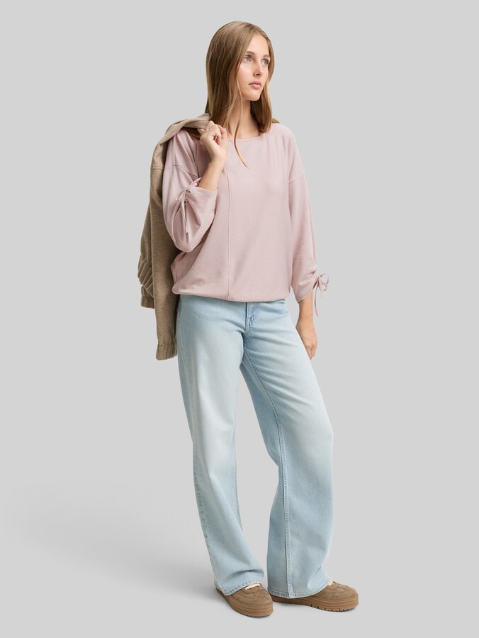 Loose Fit Langarmshirt mit Raffärmeln von Denim Female, small dusty rose white stripe
