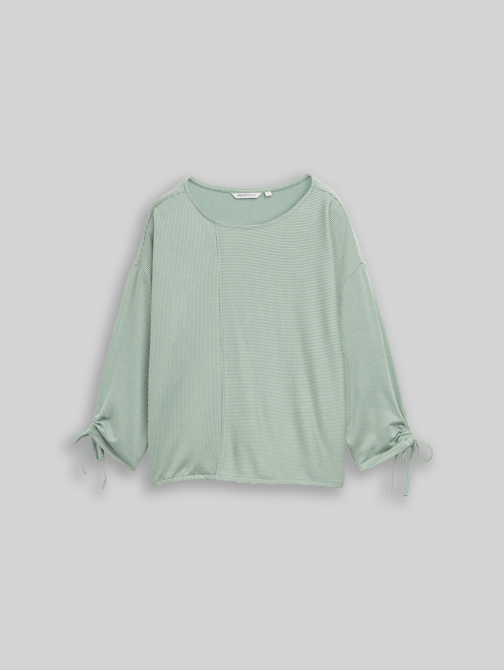 Loose-fit long-sleeved top with gathered sleeves - small tonal matchagreen stripe - Front product view