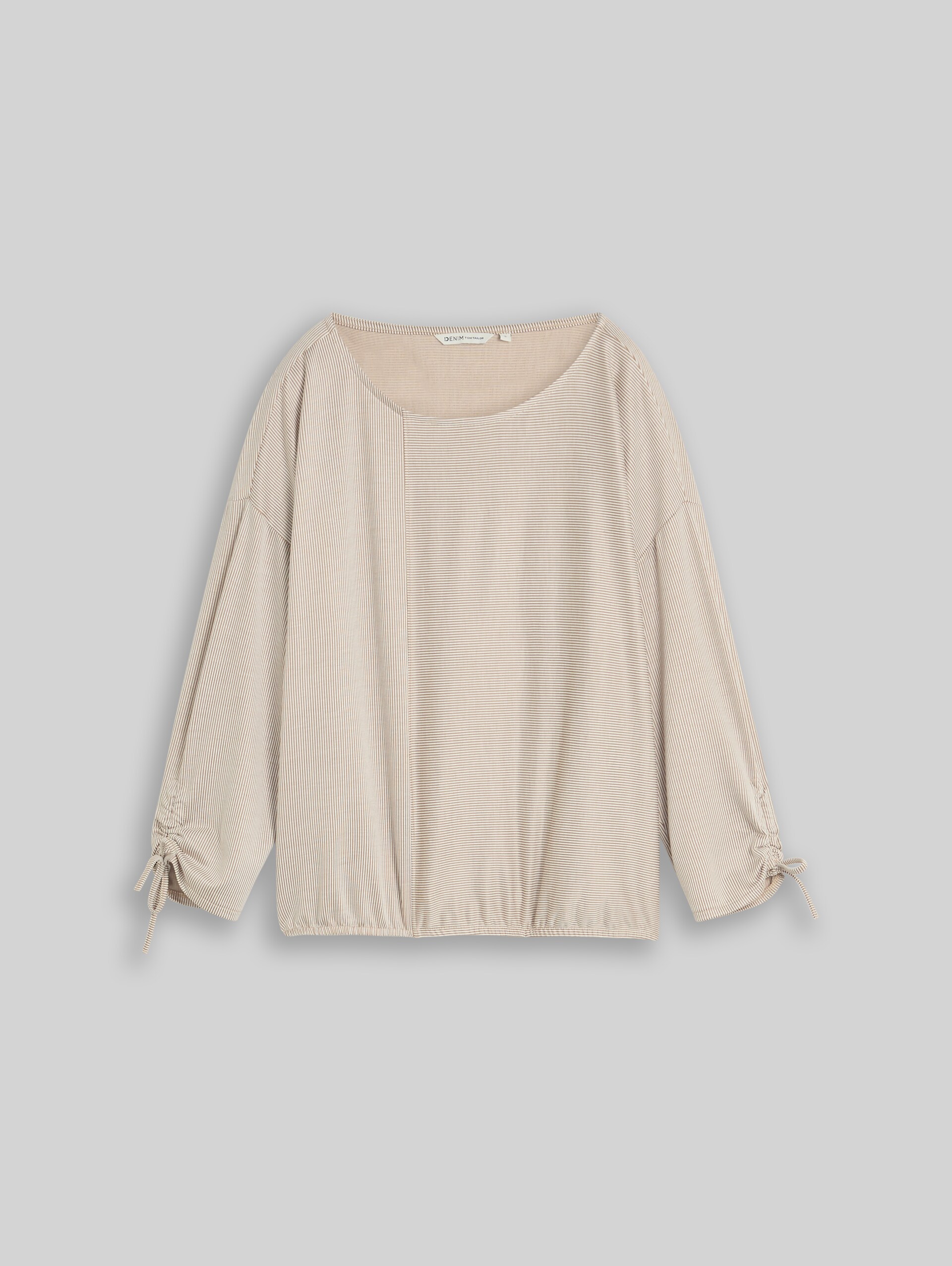 Loose Fit Langarmshirt mit Raffärmeln - small beige white stripe - Vorder-Produkt-Ansicht