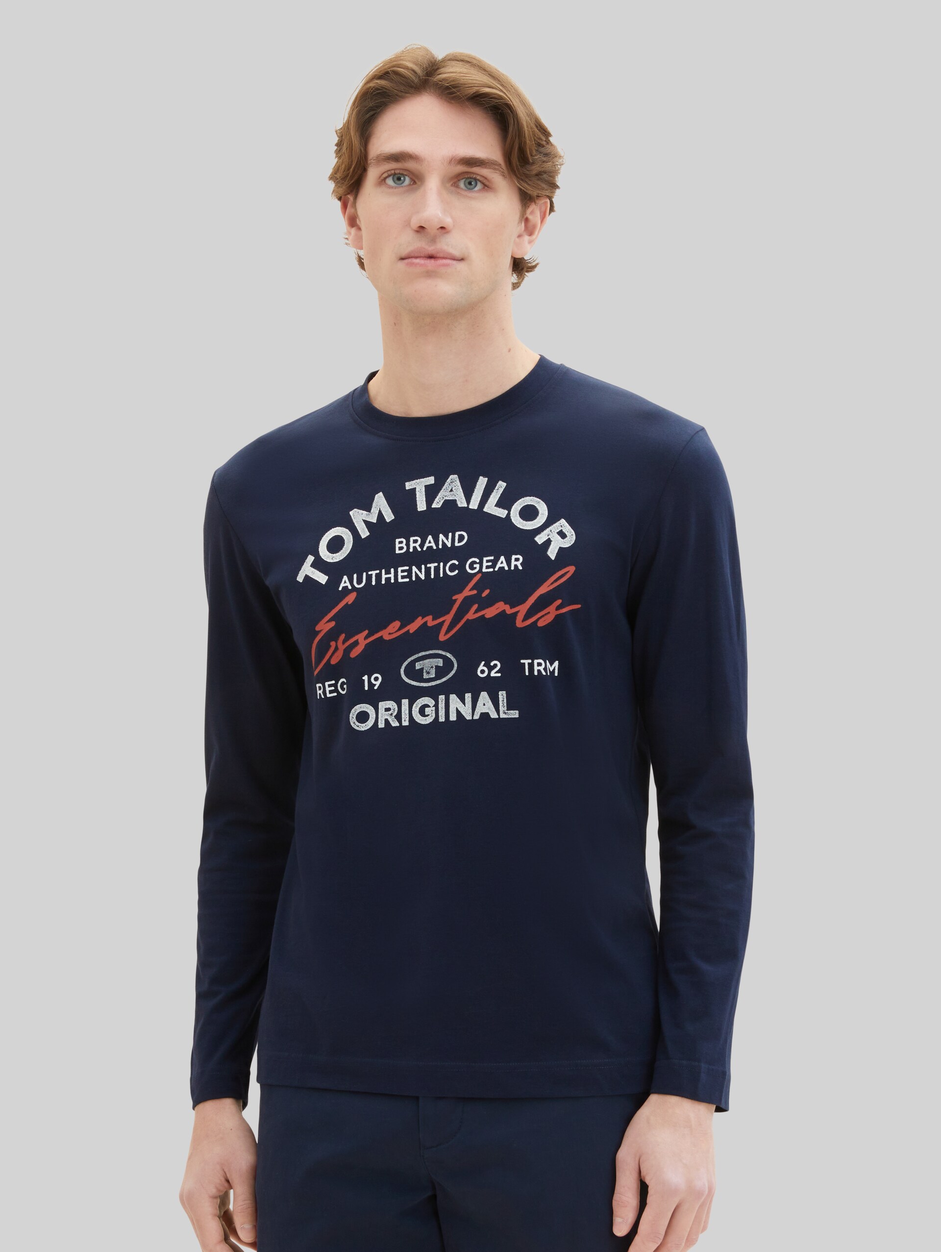 T-shirt met lange mouwen en logo-print - Dark Shadow - Nek model vooraanzicht