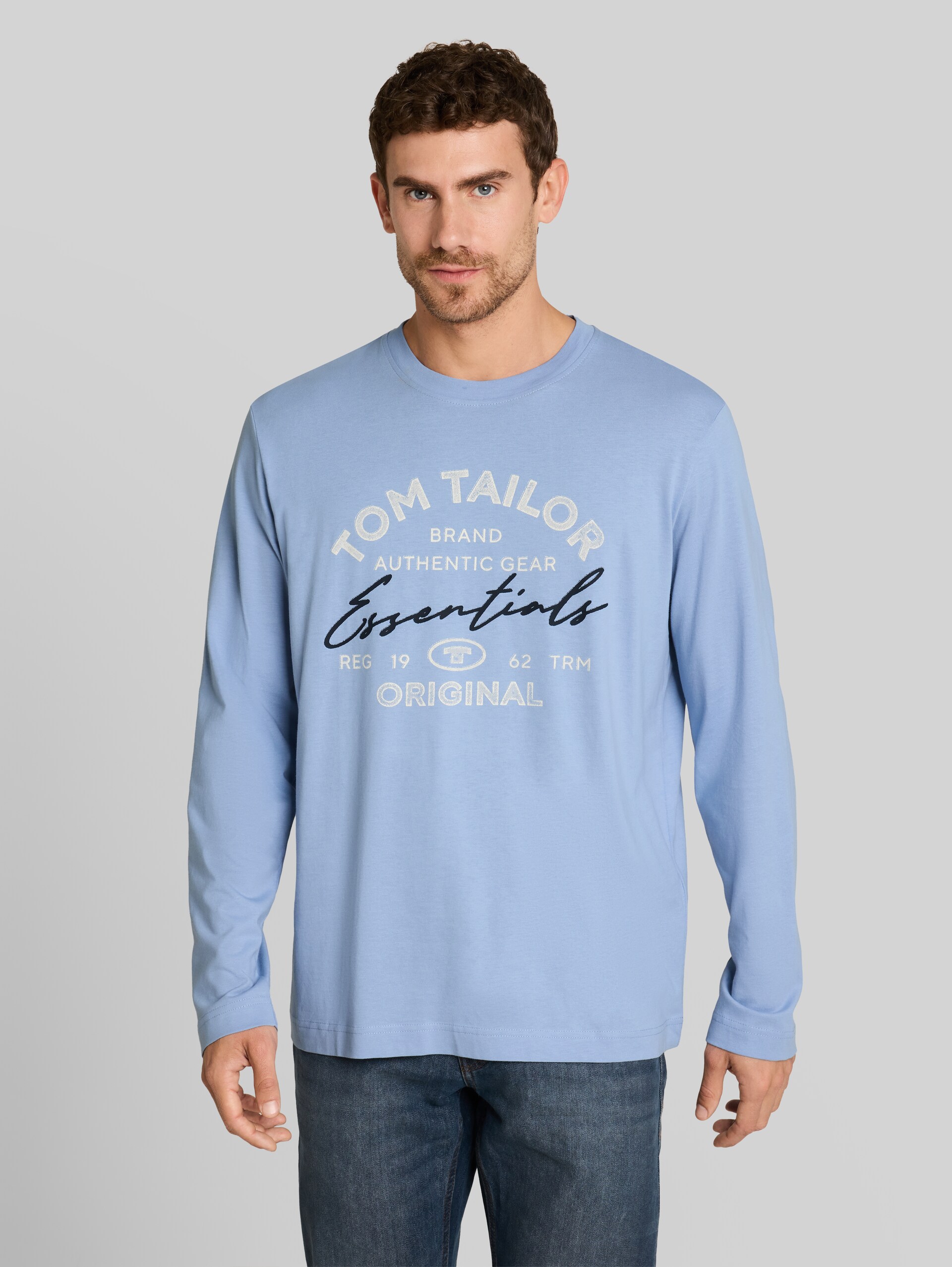 T-shirt met lange mouwen en logo-print - Pale Blue - Nek model vooraanzicht