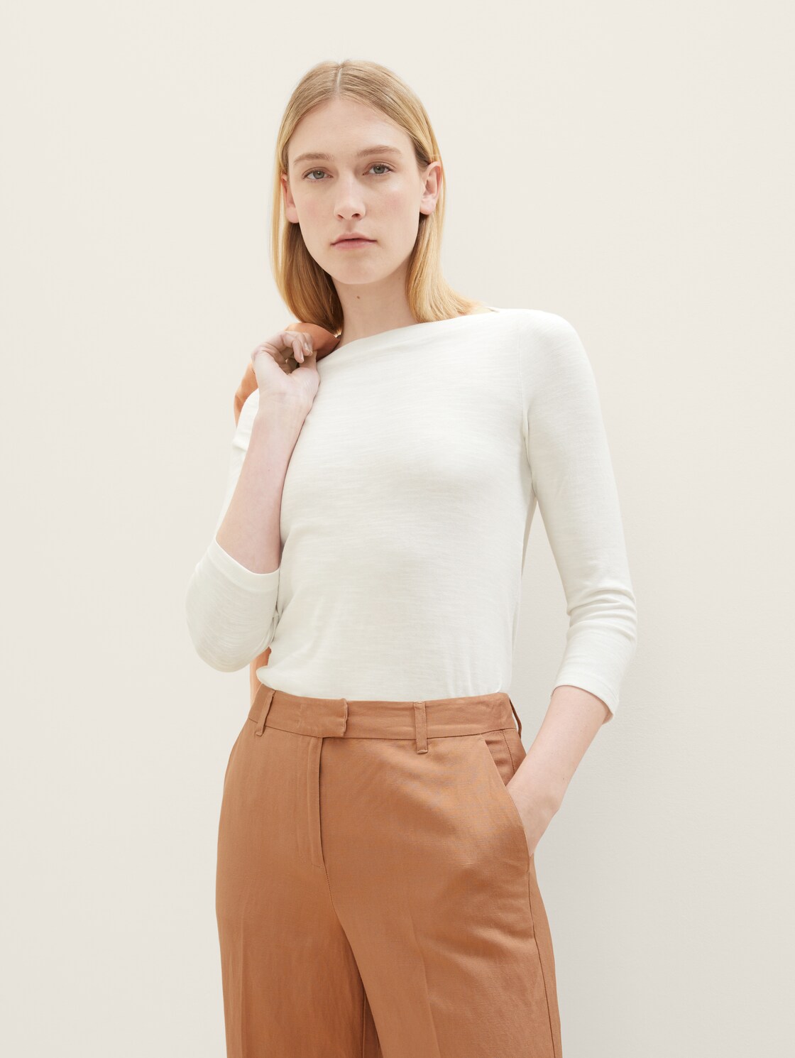 Basic Longsleeve mit 3/4-Arm aus Baumwolle - Whisper White