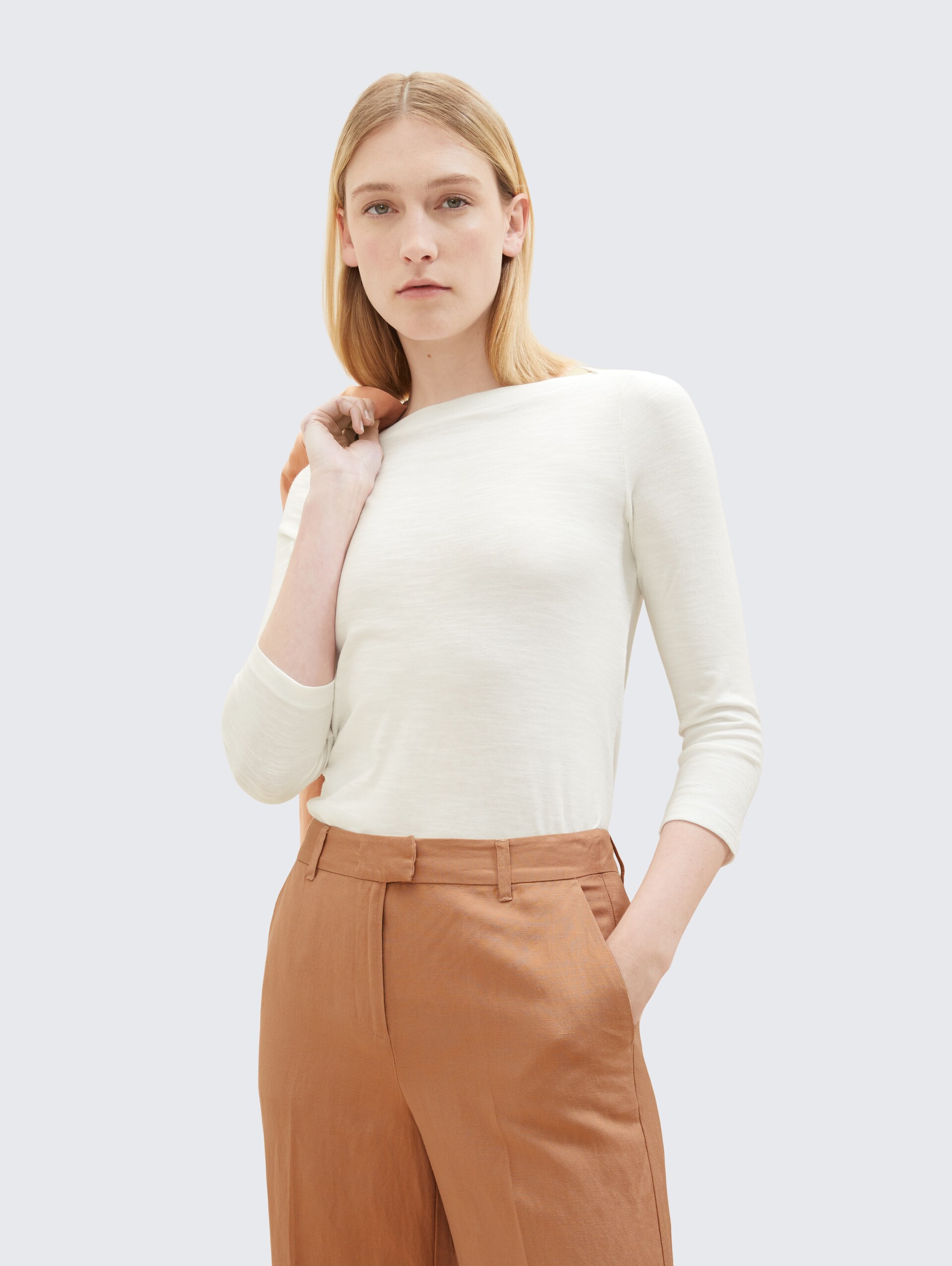 Basic Longsleeve mit 3/4-Arm aus Baumwolle - Whisper White