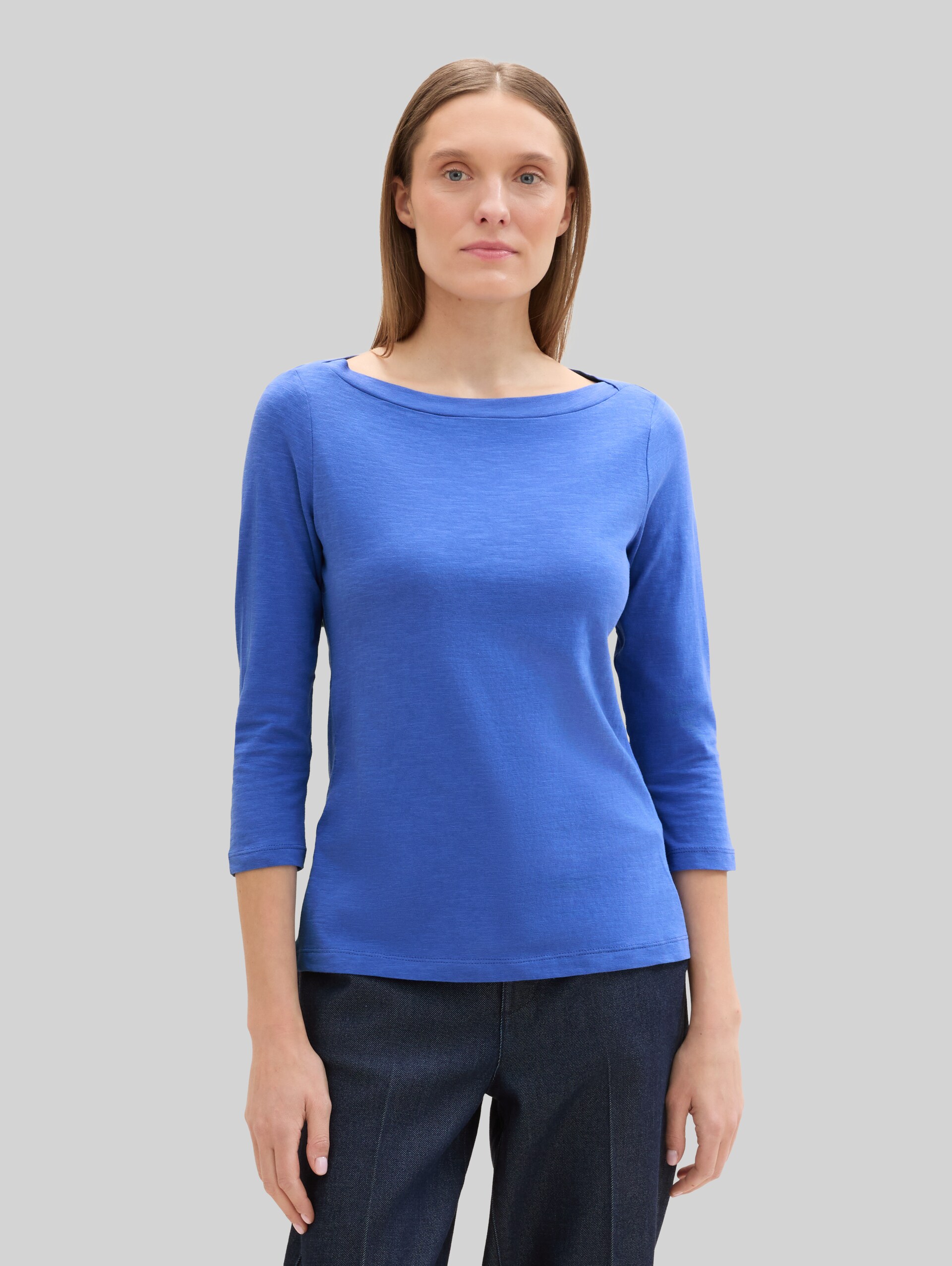 Katoenen T-shirt met 3/4-mouwen - Preppy Jean Blue - Nek model vooraanzicht