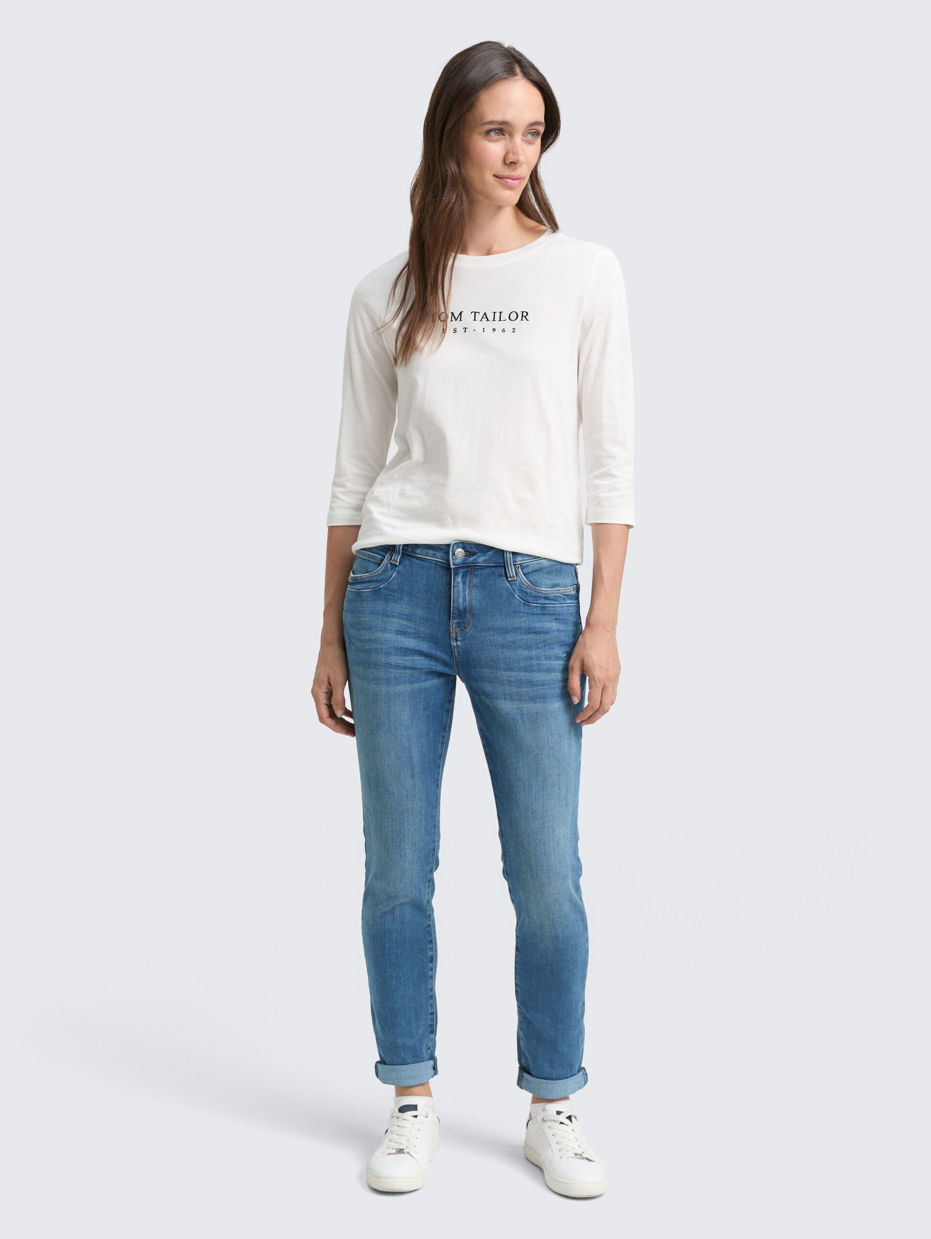 Tapered jeans - Used Mid Stone Blue Denim - Model front view