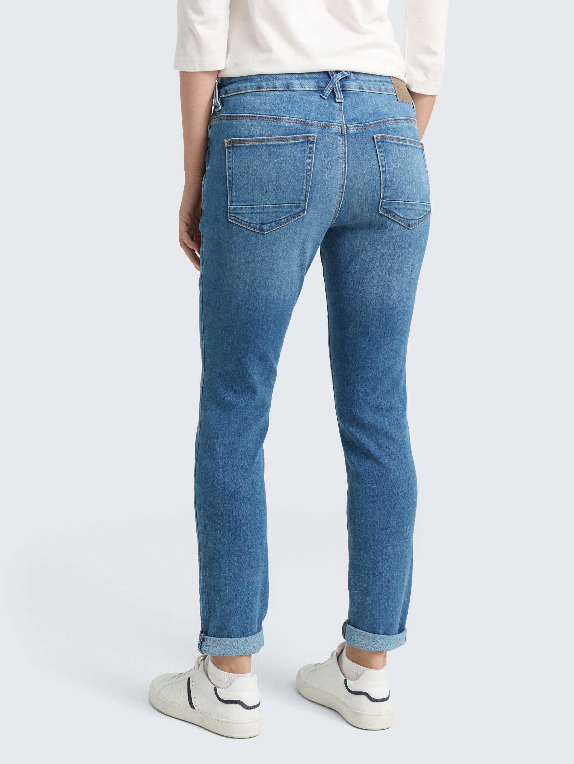 Tapered jeans - Used Mid Stone Blue Denim - Neckline model-back view
