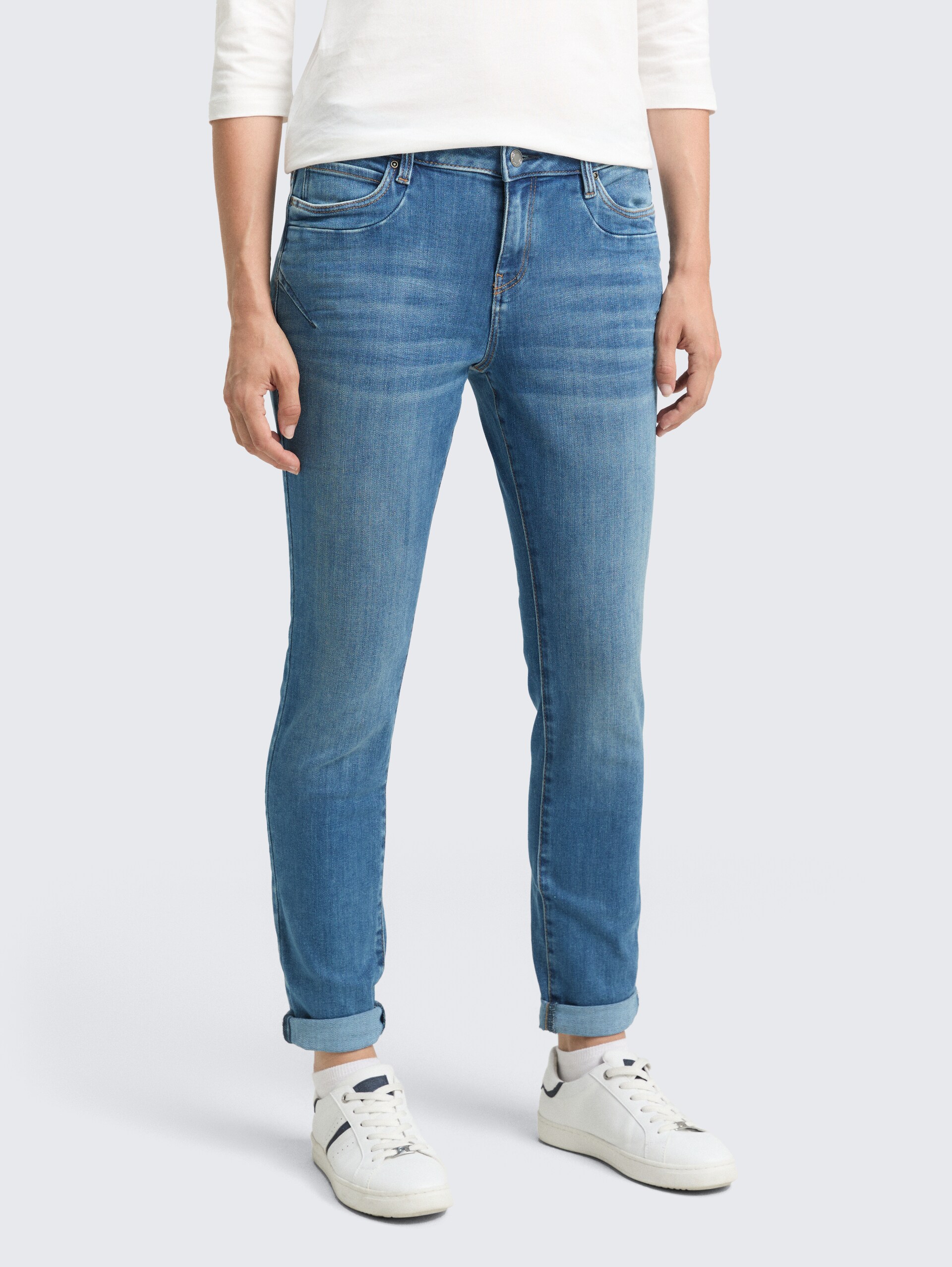 Tapered jeans - Used Mid Stone Blue Denim - Neckline model front view