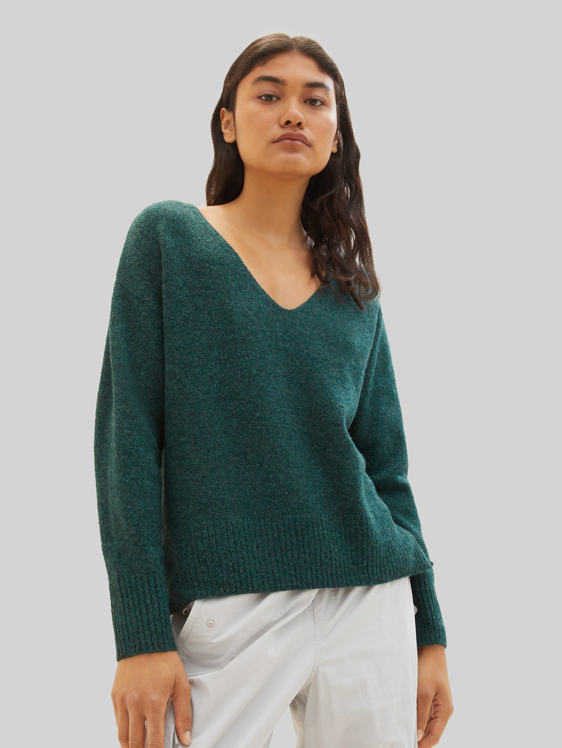 Strickpullover mit V-Ausschnitt - Midnight Forest Green Mélange