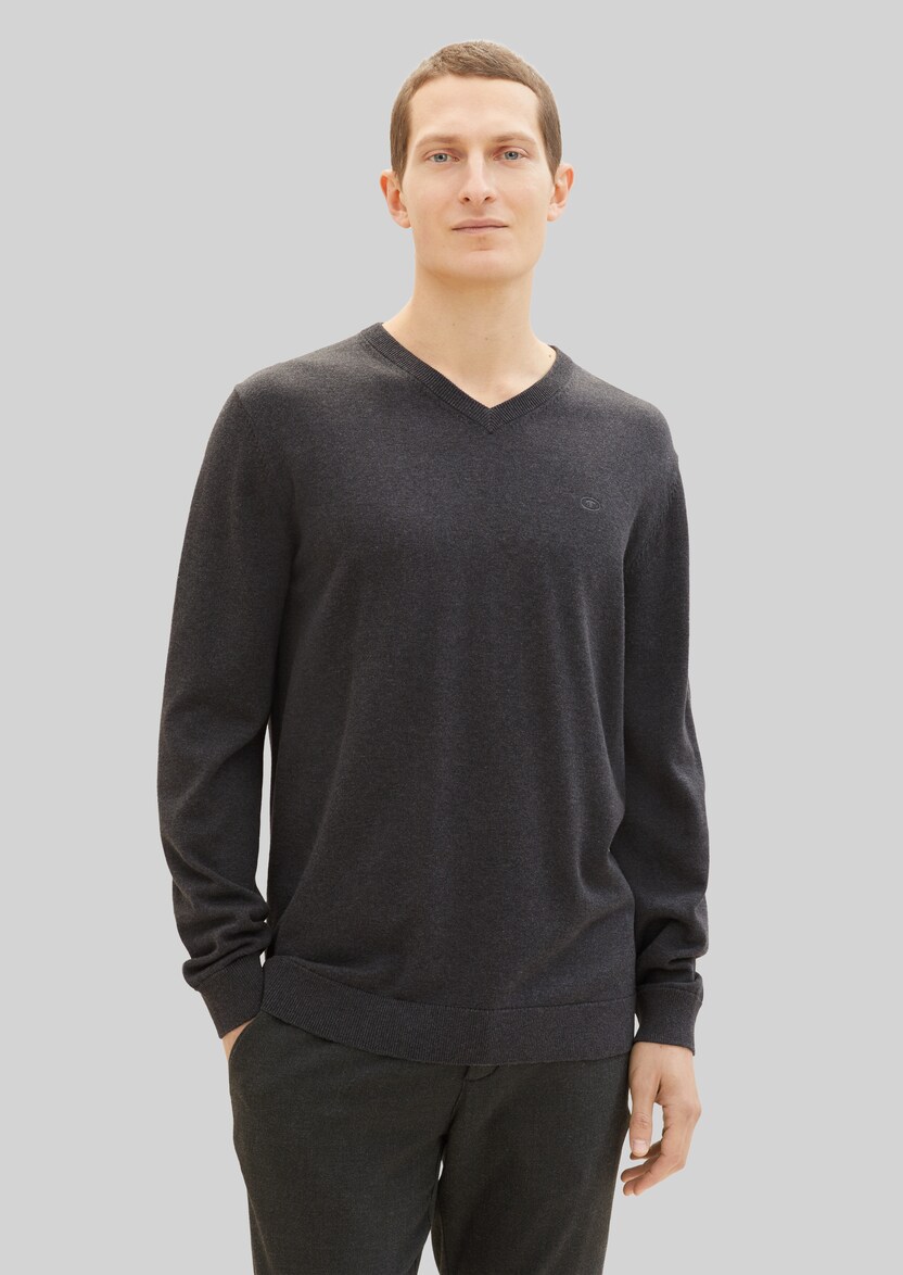 Gebreide trui met V-hals door Men, Black Grey Melange