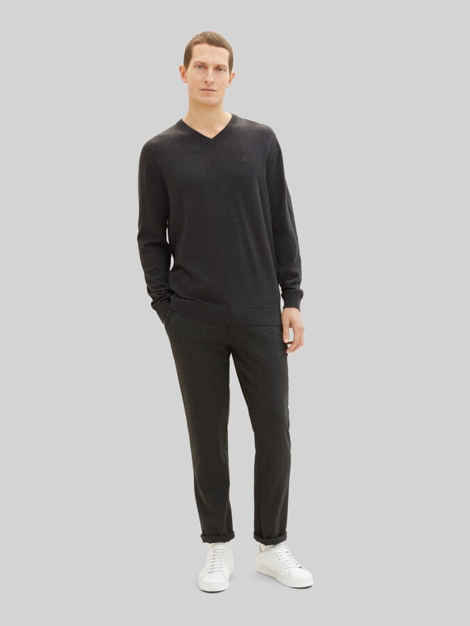 Strickpullover mit V-Ausschnitt von Men, Black Grey Melange