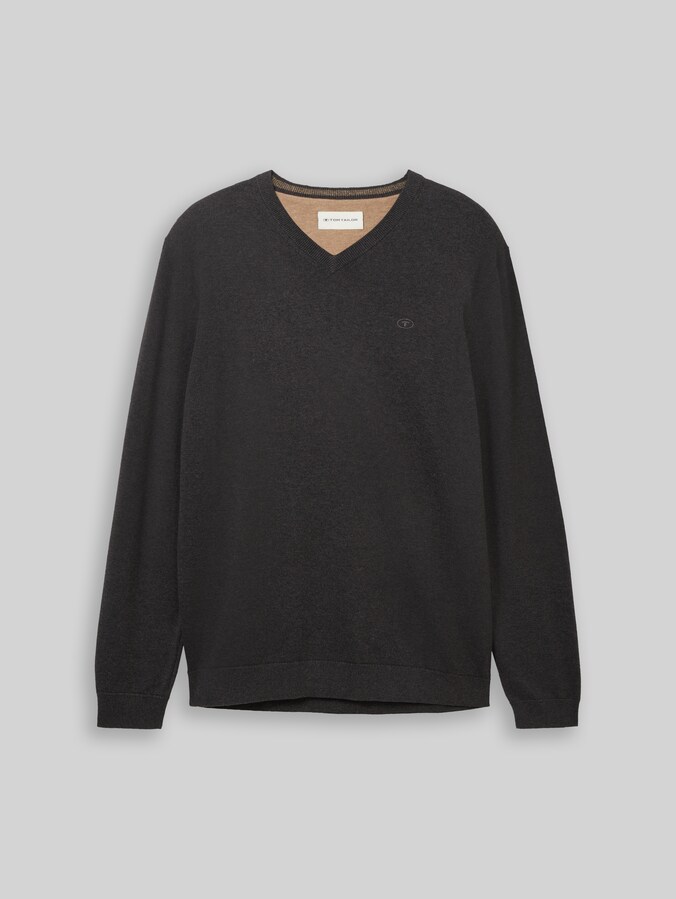 Strickpullover mit V-Ausschnitt von Men, Black Grey Melange