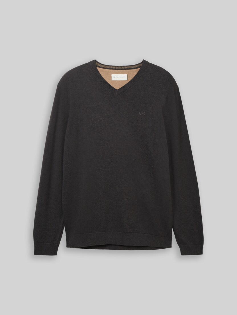 Strickpullover mit V-Ausschnitt von Men, Black Grey Melange
