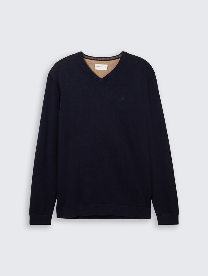 Pull en maille à col en V par Men, Knitted Navy Melange