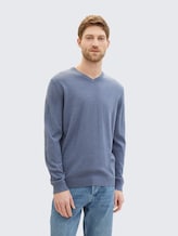 Pull en maille à col en V - vintage indigo blue melange - Découpe Vue de face du modèle