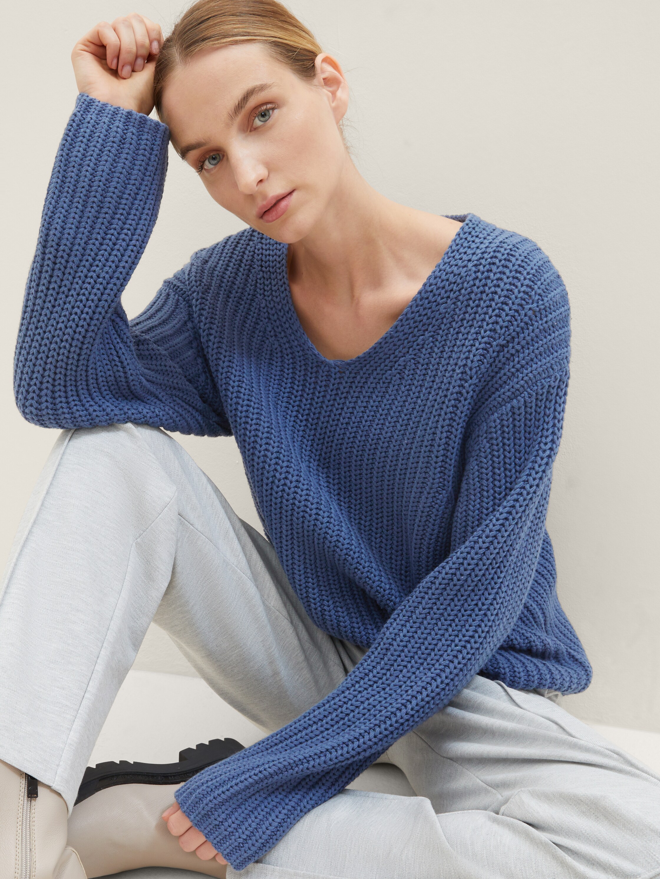 Strickpullover mit V-Ausschnitt - Stormy Sea Blue