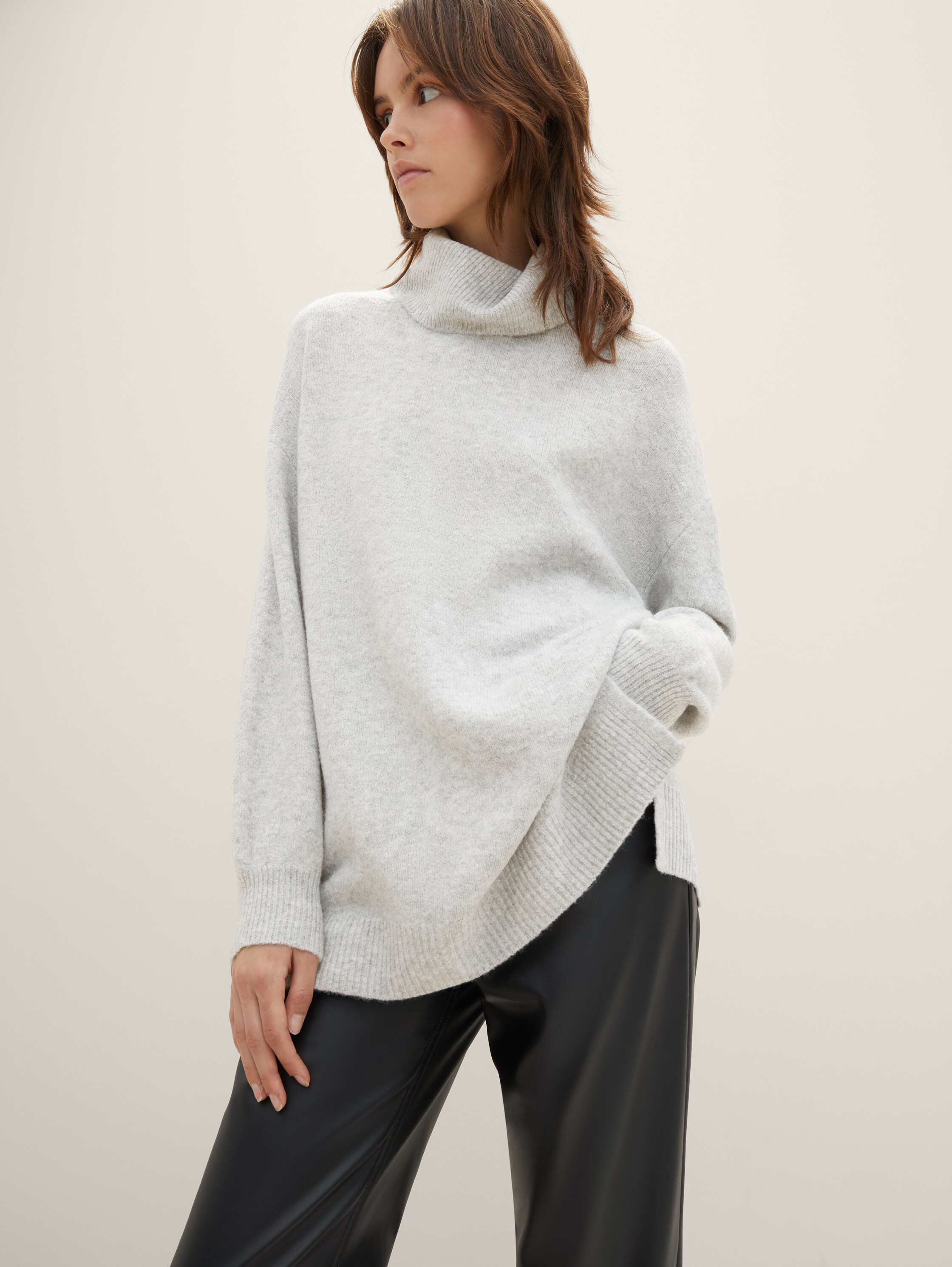 Pull à col roulé en polyester recyclé - basic light grey melange